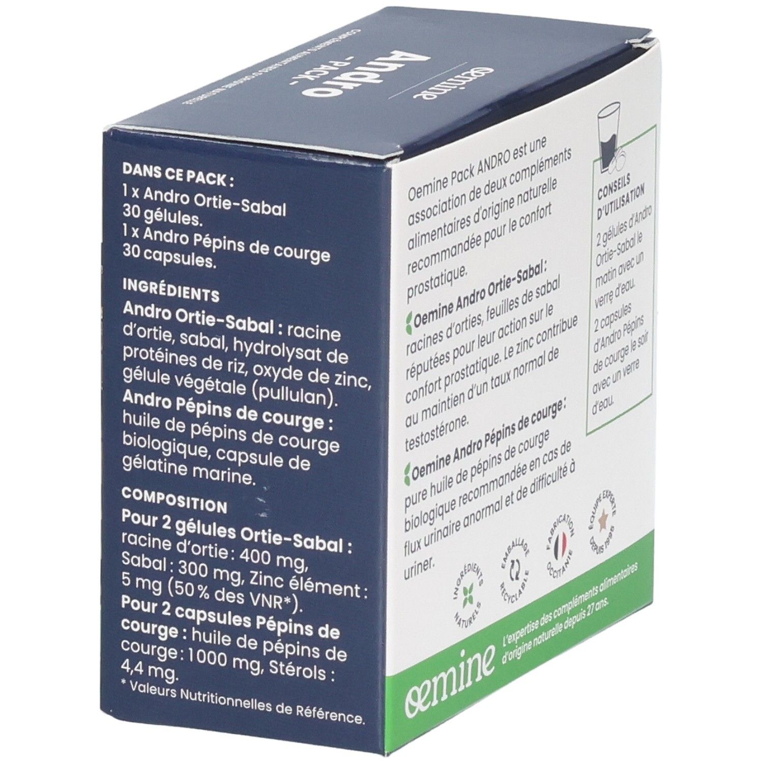 Vue détaillée de la boîte OEMINE ANDRO PACK avec ingrédients et composition.