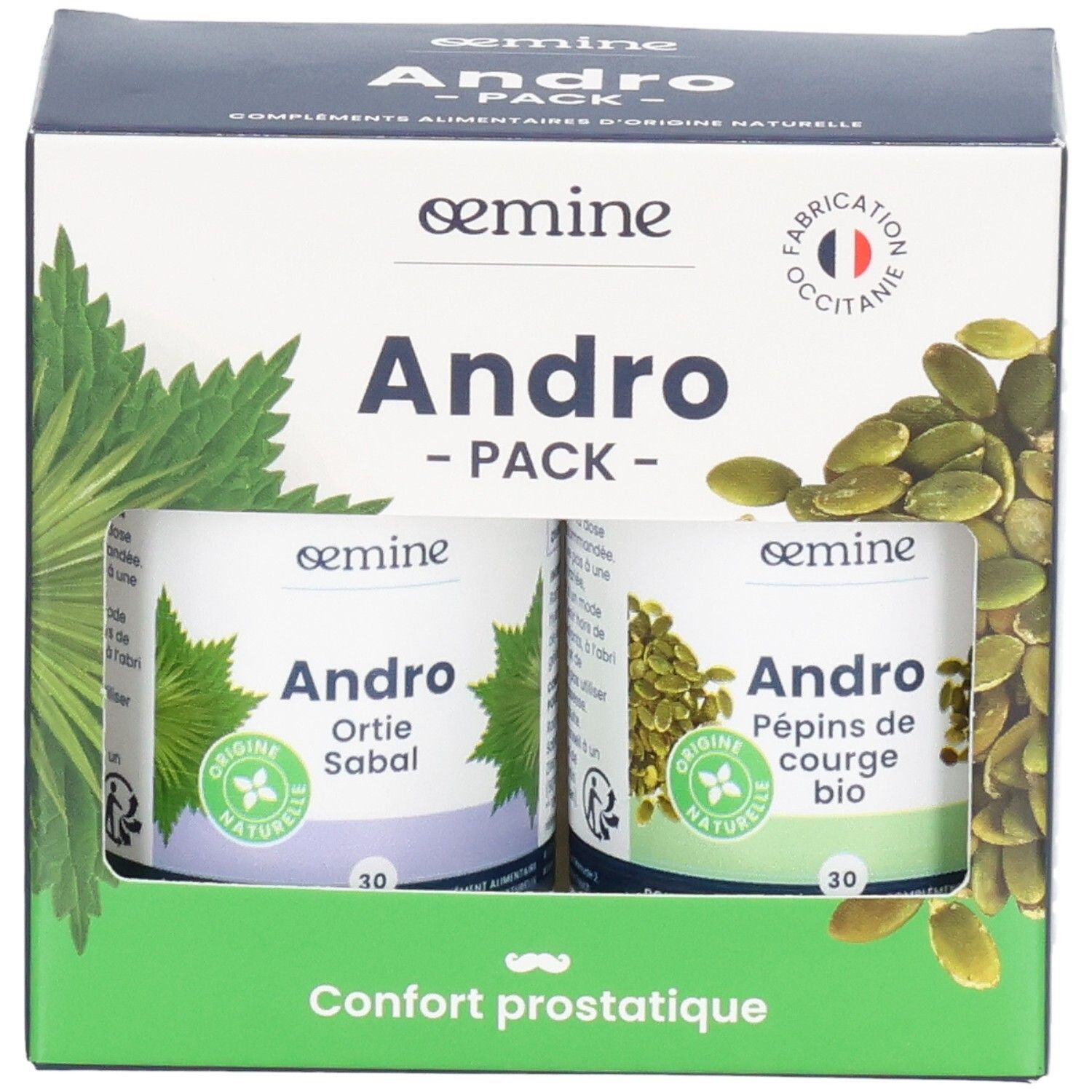 Face avant de la boîte OEMINE ANDRO PACK avec deux boîtes et visuels d'ortie et de pépins de courge.