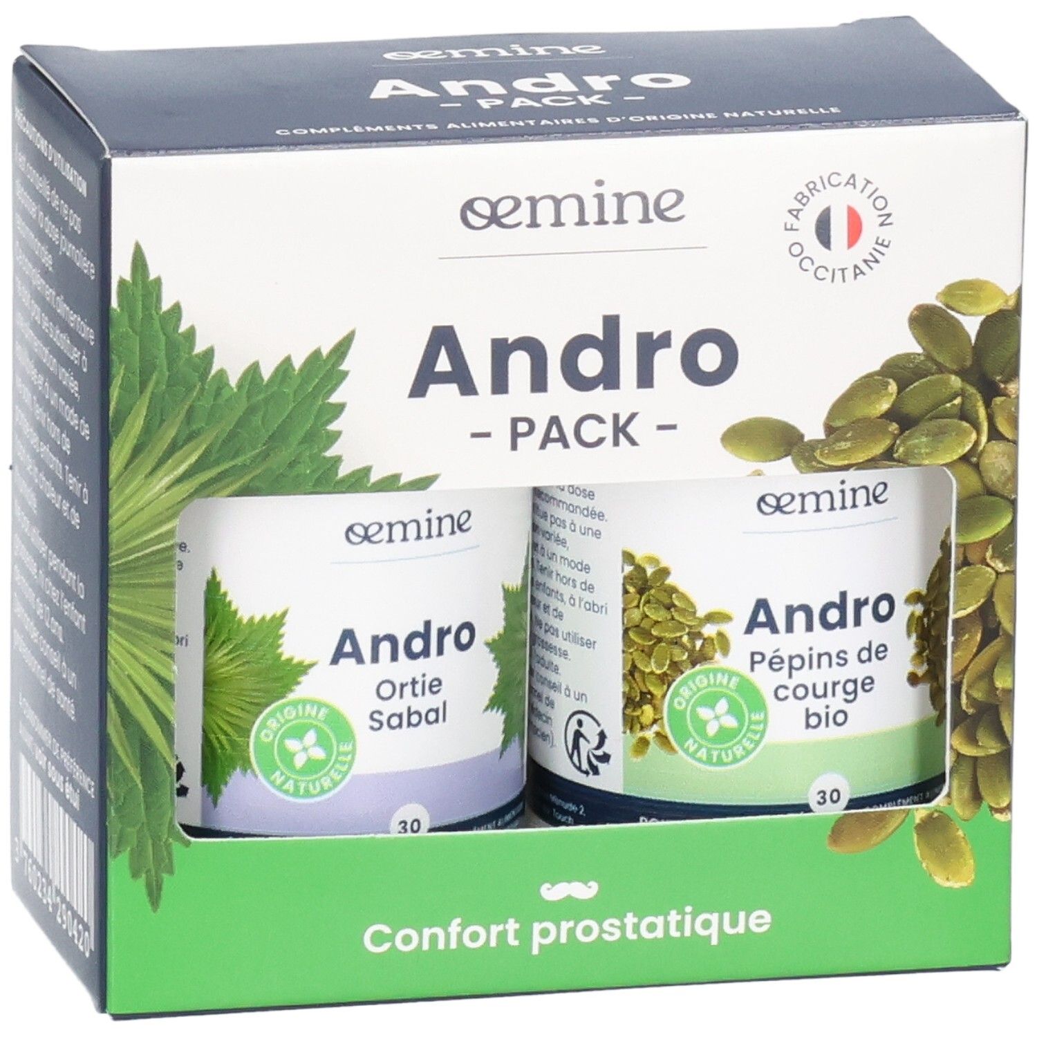 Face avant de la boîte OEMINE ANDRO PACK présentant deux boîtes de gélules.