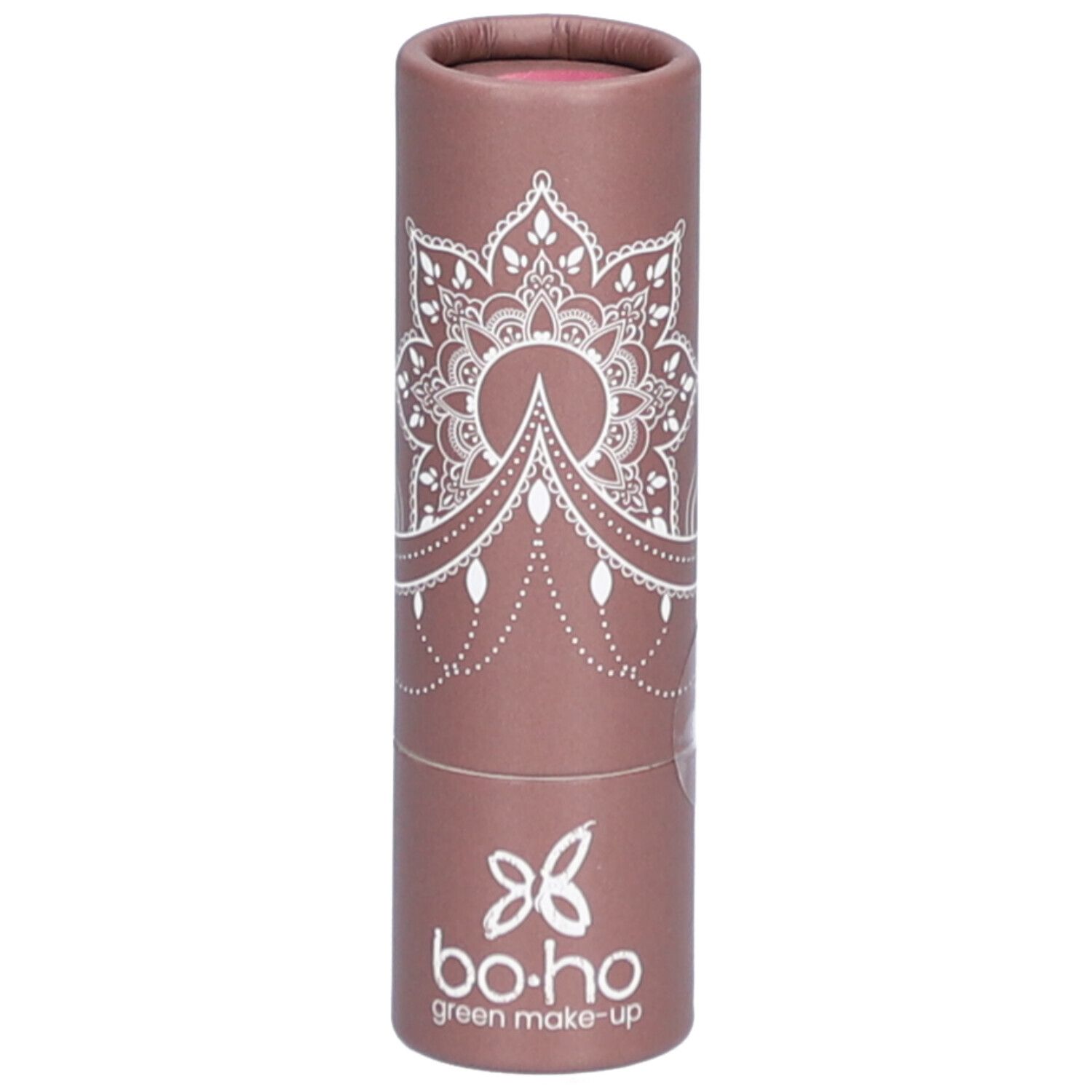 Rouge à lèvres dans un emballage cylindrique. Motif mandala et logo. Couleur rose.