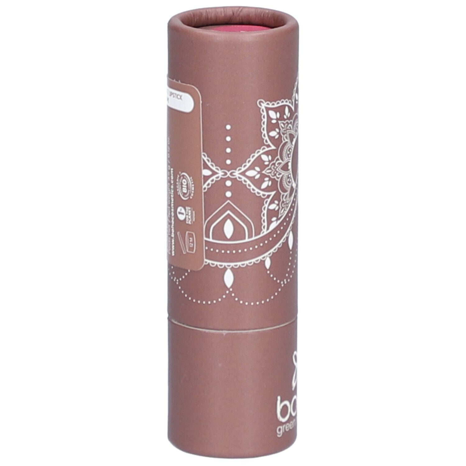 Emballage cylindrique de rouge à lèvres avec impression. Logo et texte. Couleur rose.