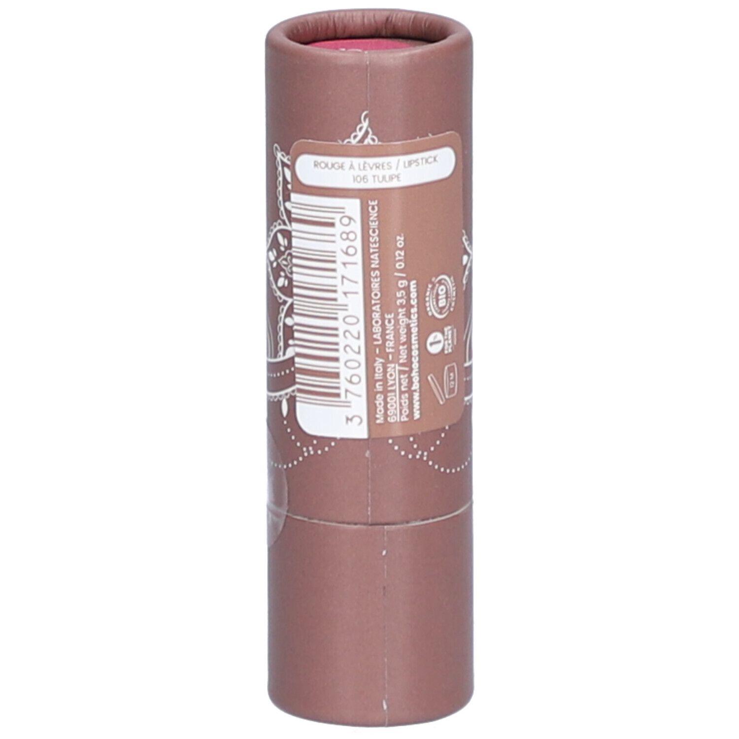 Emballage cylindrique de rouge à lèvres avec étiquette. Texte et code-barres. Couleur rose.
