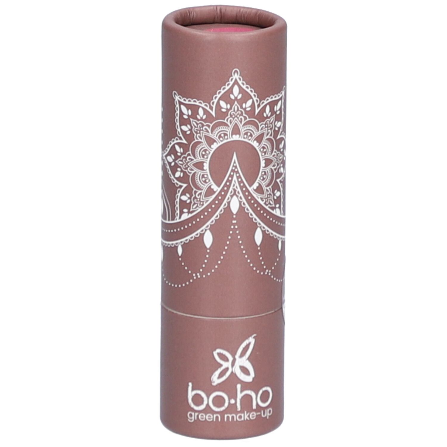 Rouge à lèvres dans un emballage cylindrique. Motif mandala et logo. Couleur rose.