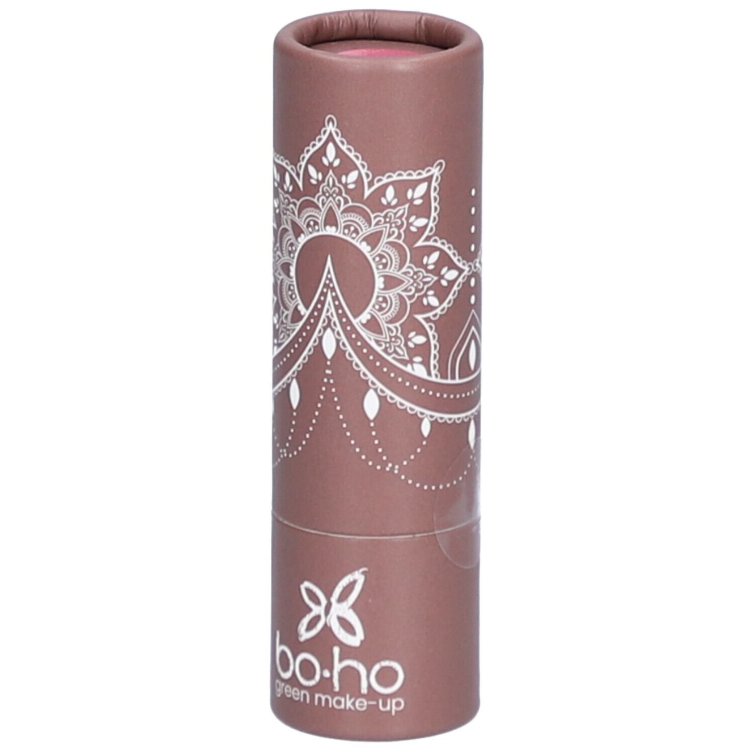 Rouge à lèvres dans un emballage cylindrique. Motif mandala et logo. Couleur rose.