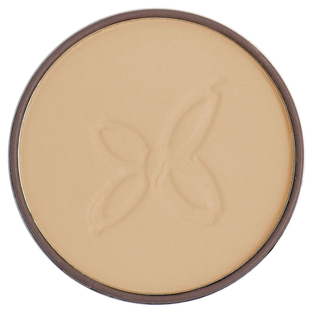 Poudre compacte Goldbeige dans un boîtier rond. Surface avec motif en relief. Bord marron.