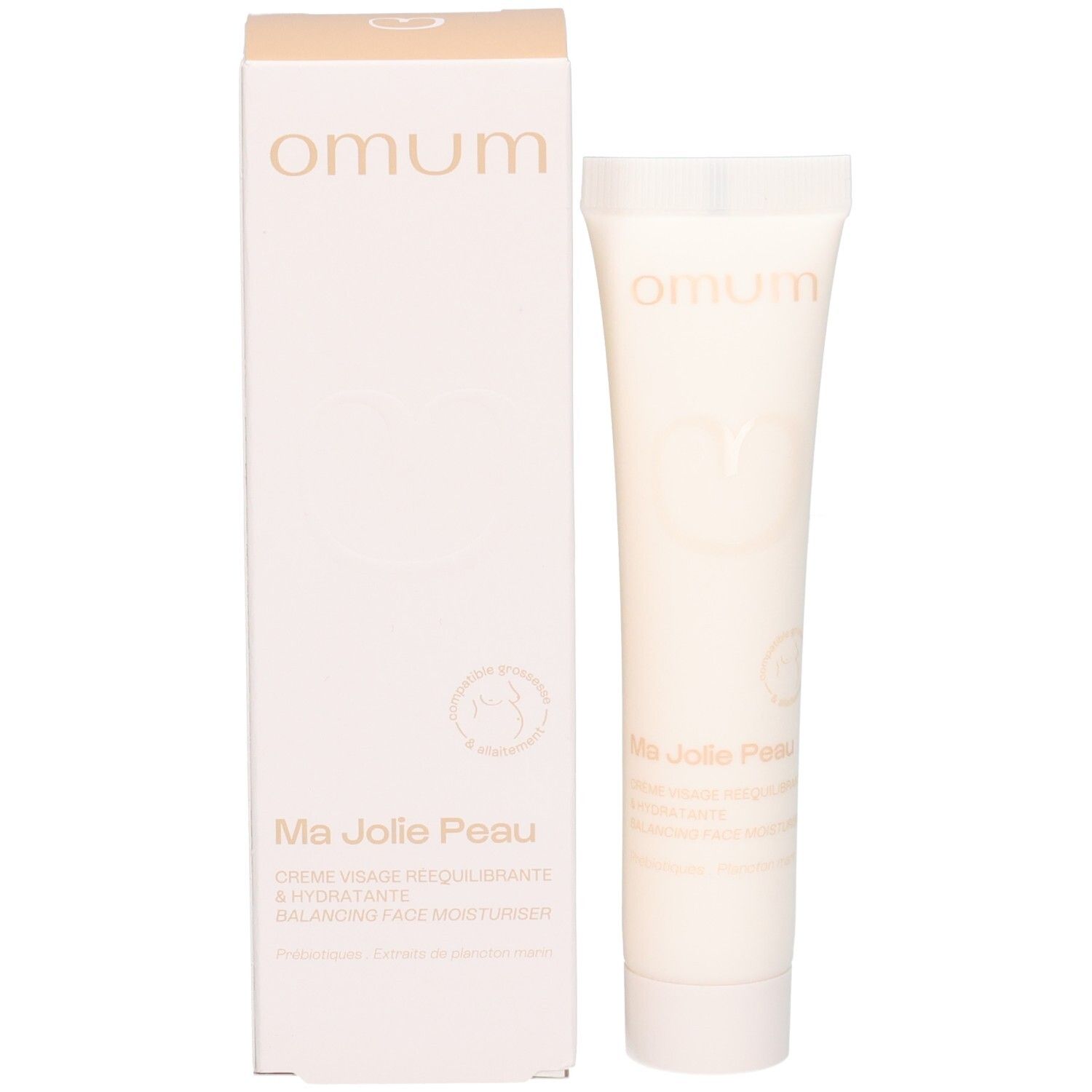 Arrière d'un tube de crème visage OMUM Ma Jolie Peau avec informations produit.