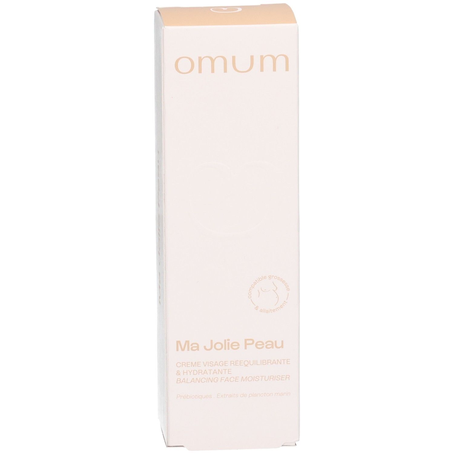 Crème visage OMUM Ma Jolie Peau à côté de son emballage cartonné.