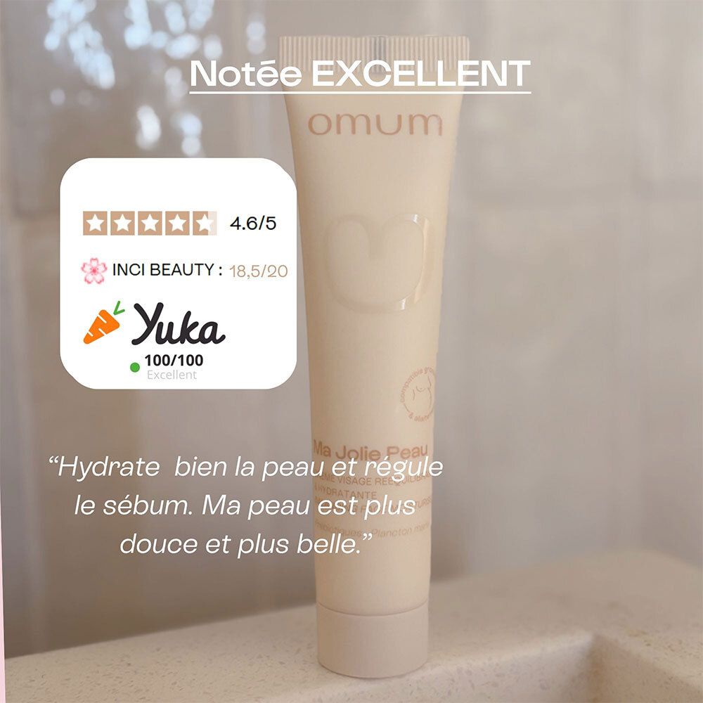 Crème visage OMUM Ma Jolie Peau avec évaluations : 4.6/5 INCI BEAUTY, Yuka 100/100.