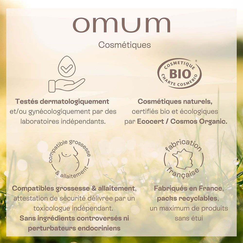Crème visage OMUM Ma Jolie Peau avec labels : Testé dermatologiquement, Bio, Ecocert, Cosmos Organic.