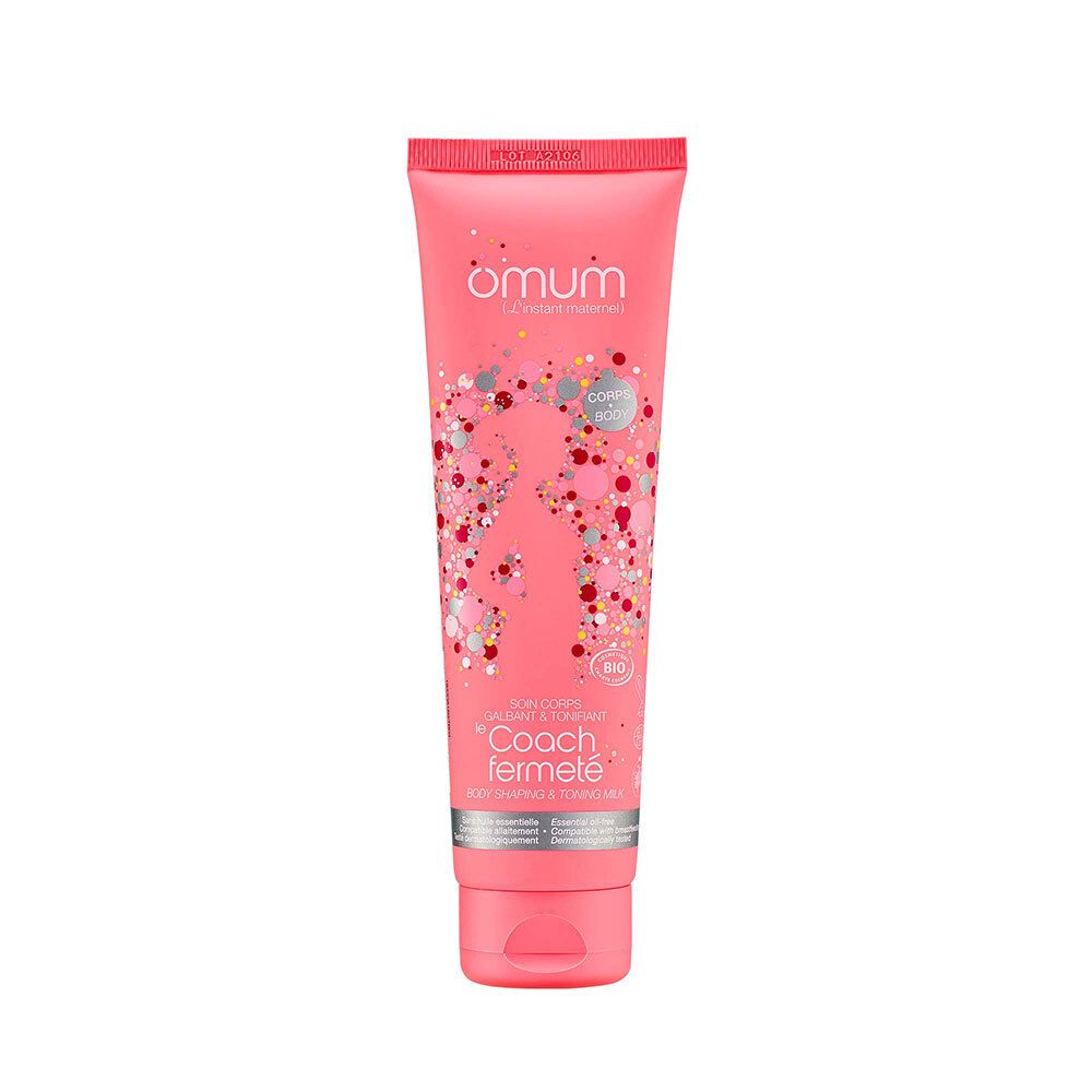 Tube rose avec logo Omum et motif ludique. Contient un soin corps raffermissant.