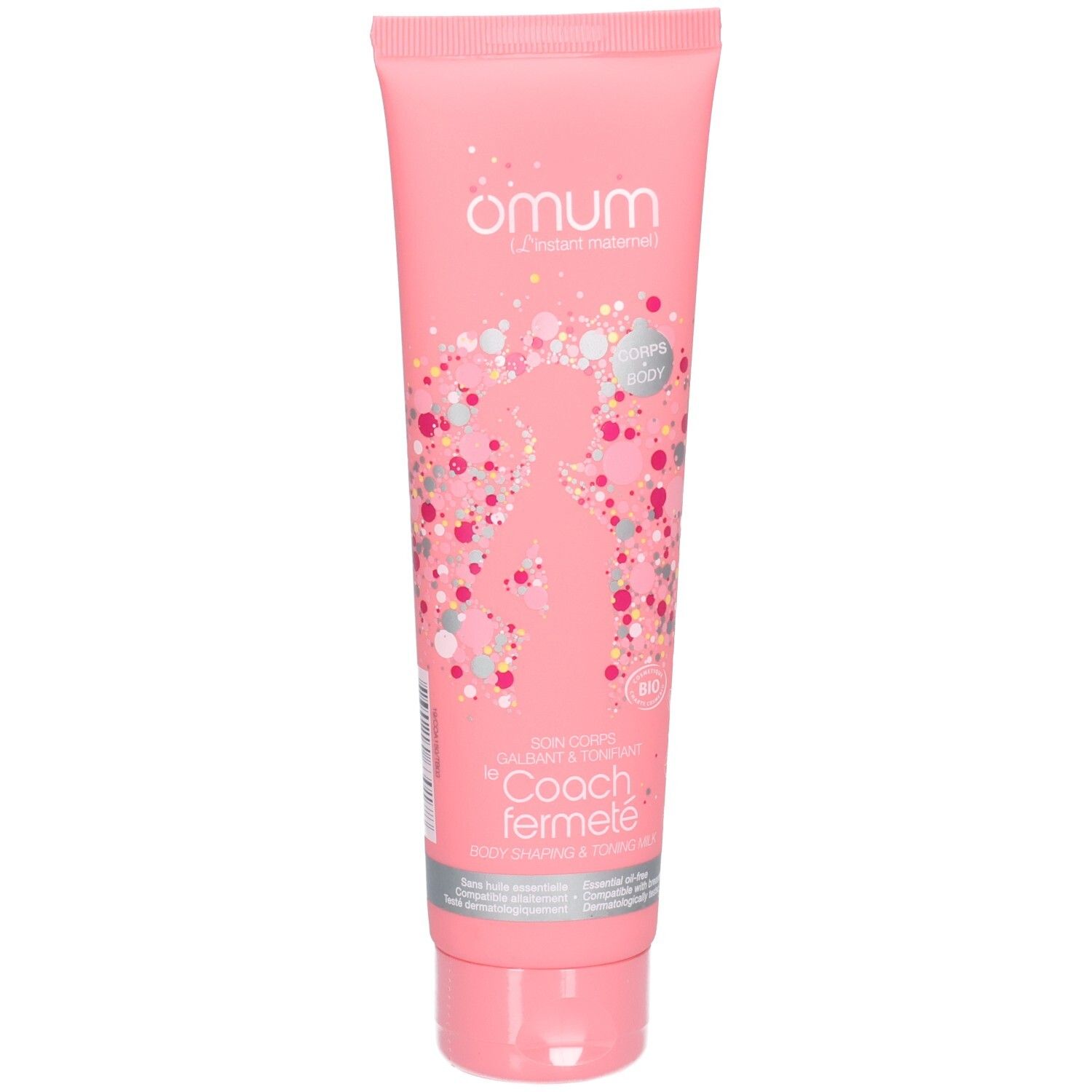 Tube rose avec logo Omum et motif ludique. Contient un soin corps raffermissant.