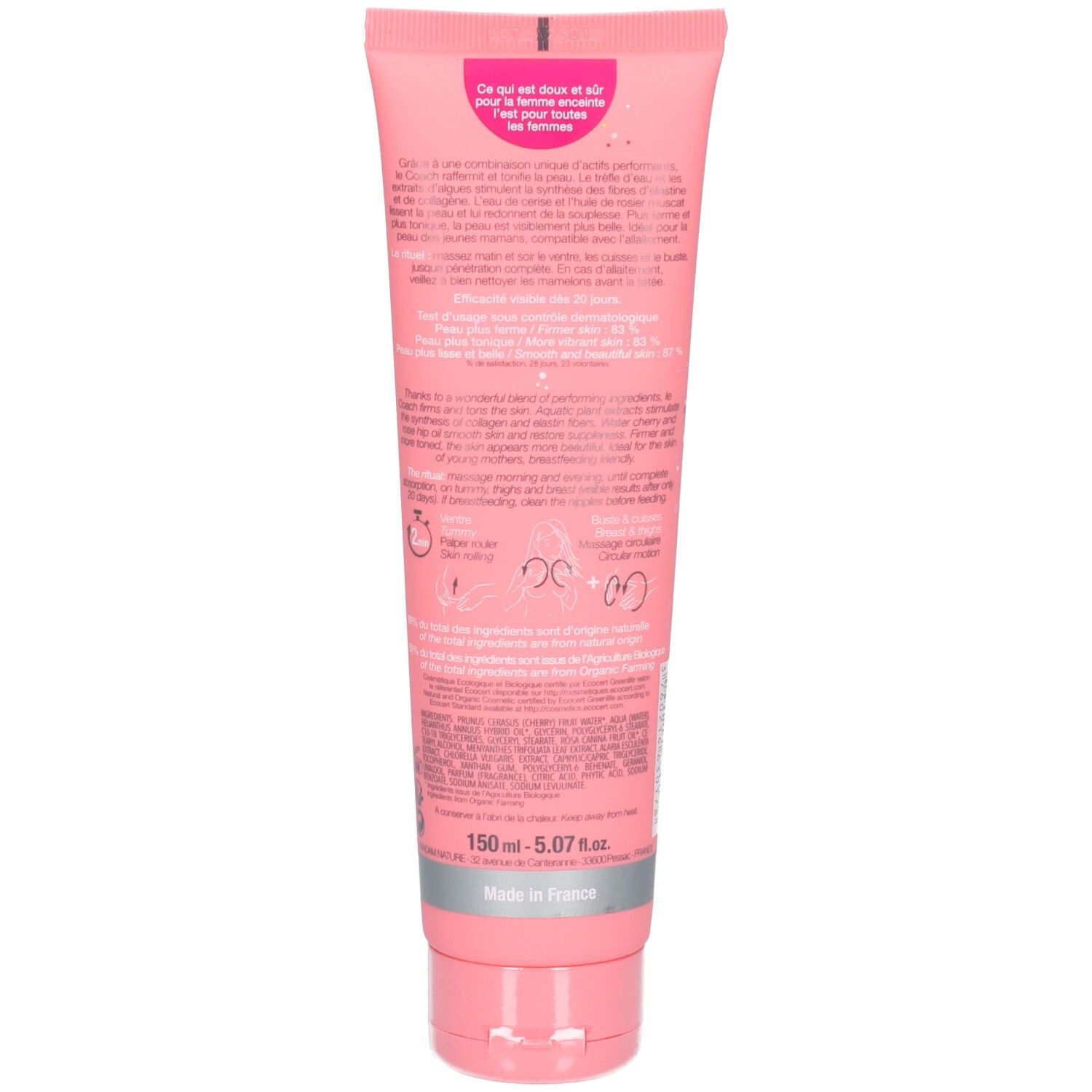 Arrière d'un tube rose de soin corps raffermissant Omum avec instructions d'utilisation détaillées.