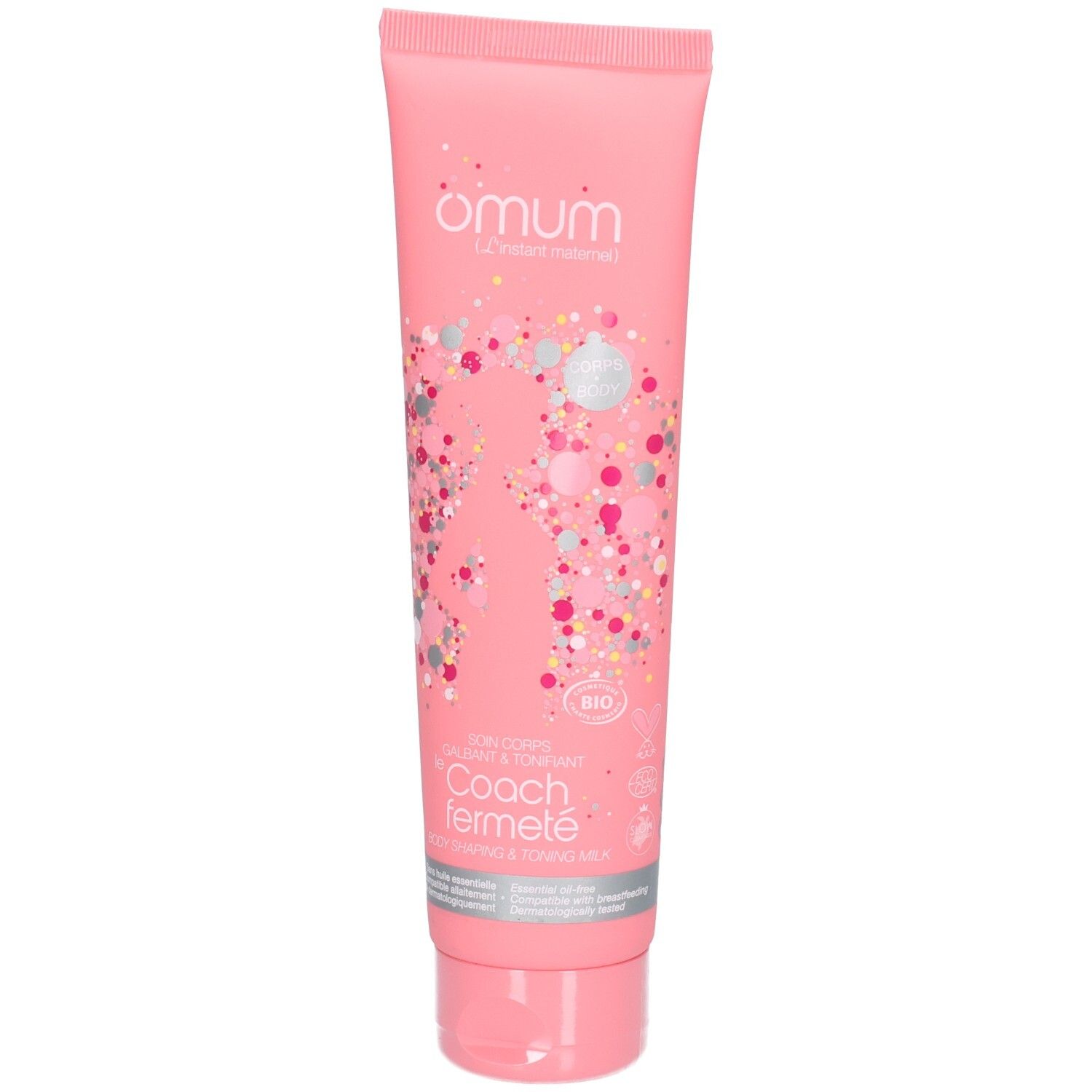 Tube rose avec logo Omum et motif ludique. Contient un soin corps raffermissant.