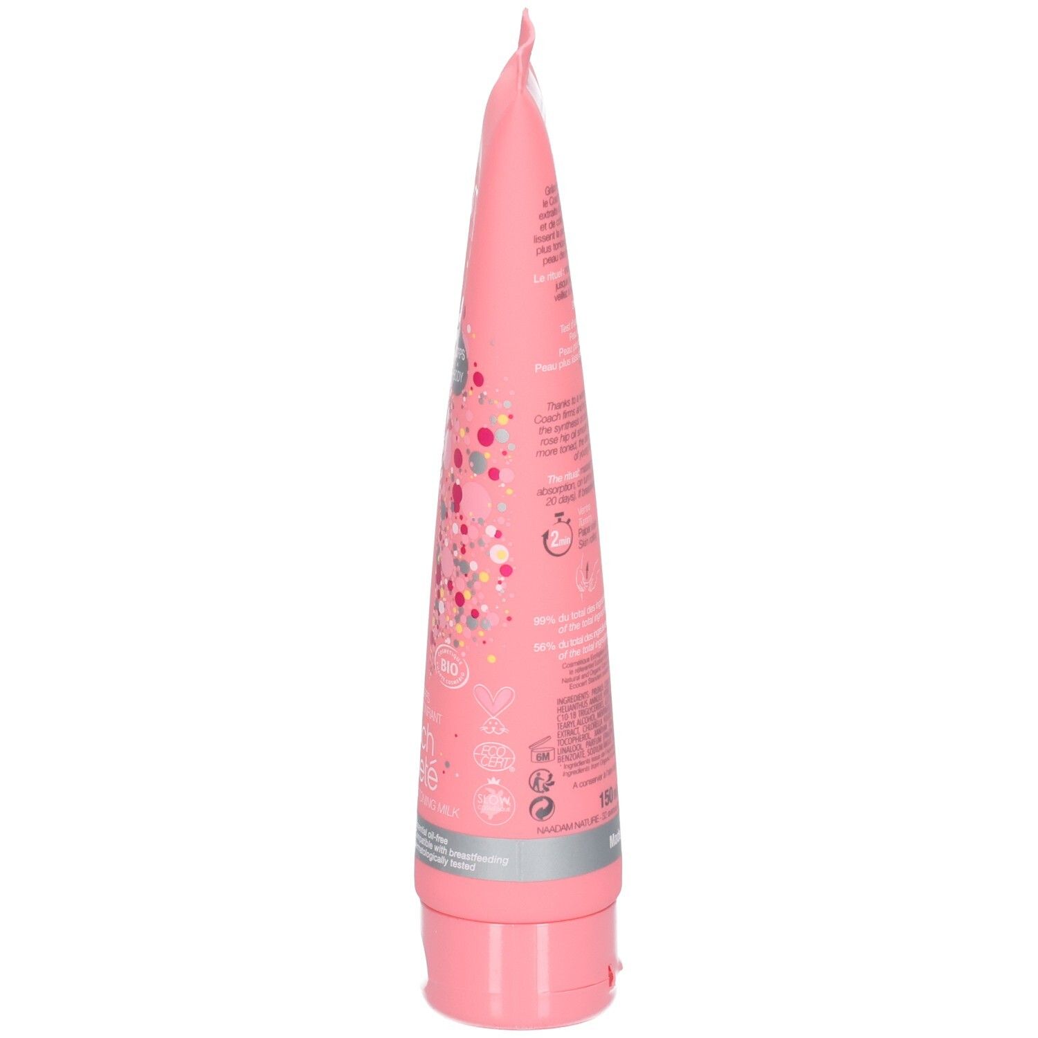 Vue latérale d'un tube rose de soin corps raffermissant Omum avec informations produit.