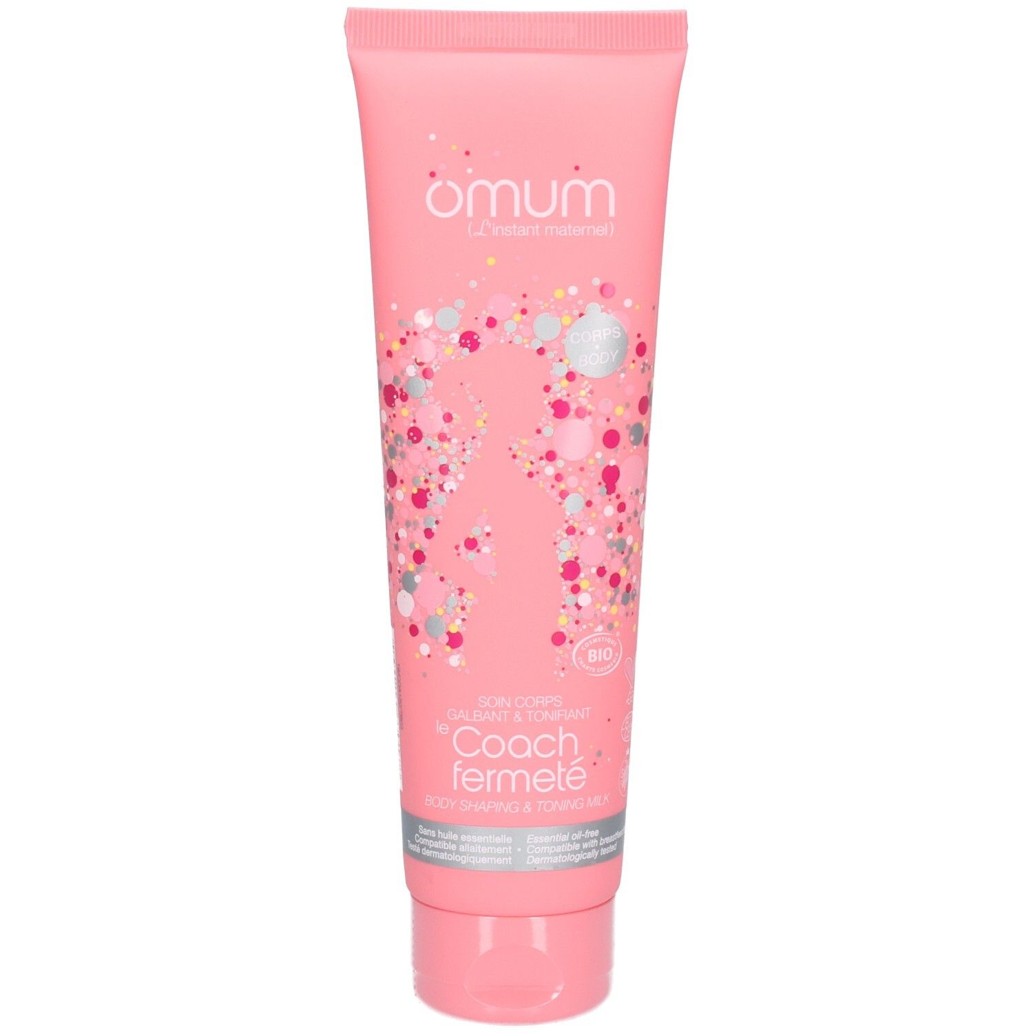 Tube rose avec logo Omum et motif ludique. Contient un soin corps raffermissant.