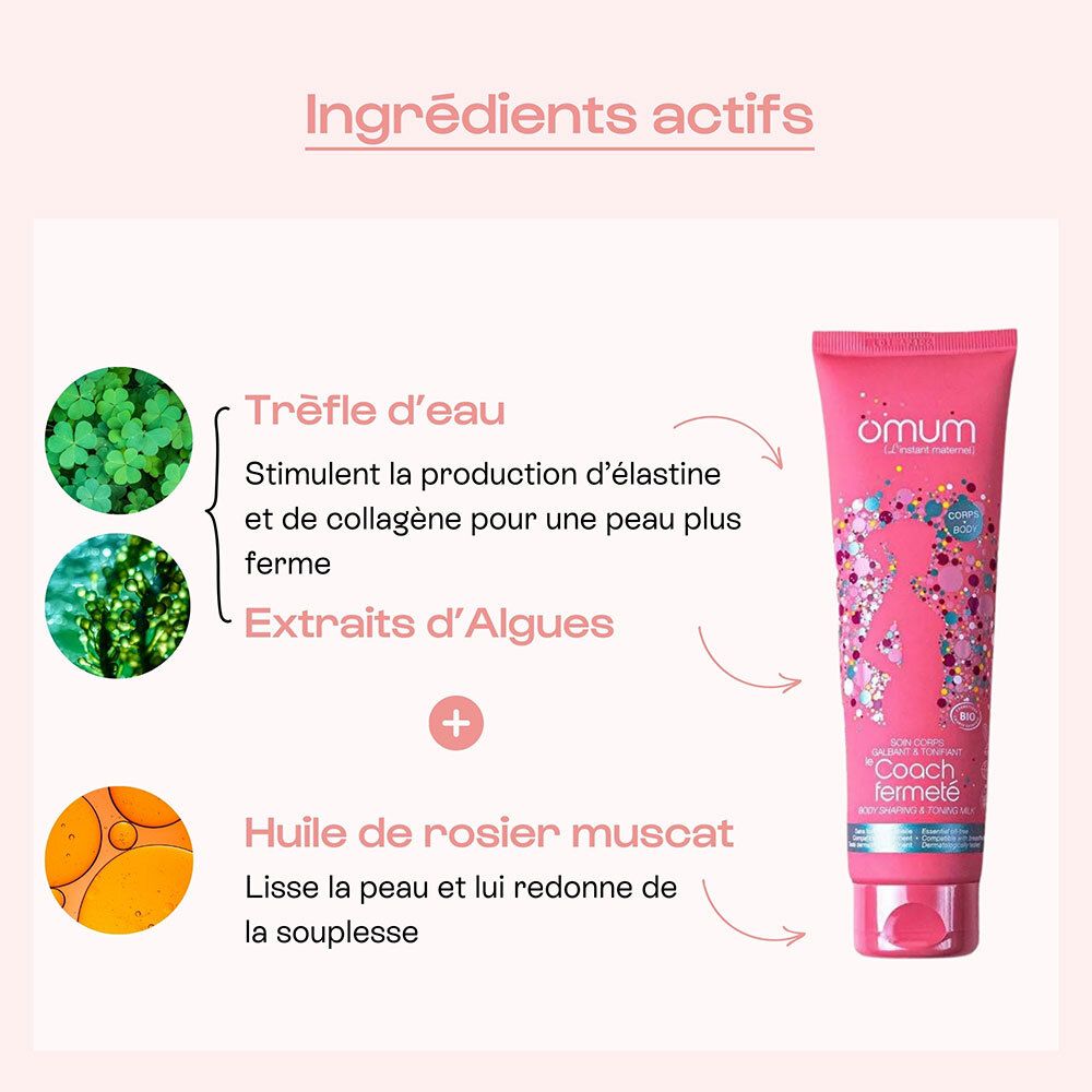 Ingrédients actifs du soin corps raffermissant Omum : Trèfle d'eau, algues, huile de rose musquée.