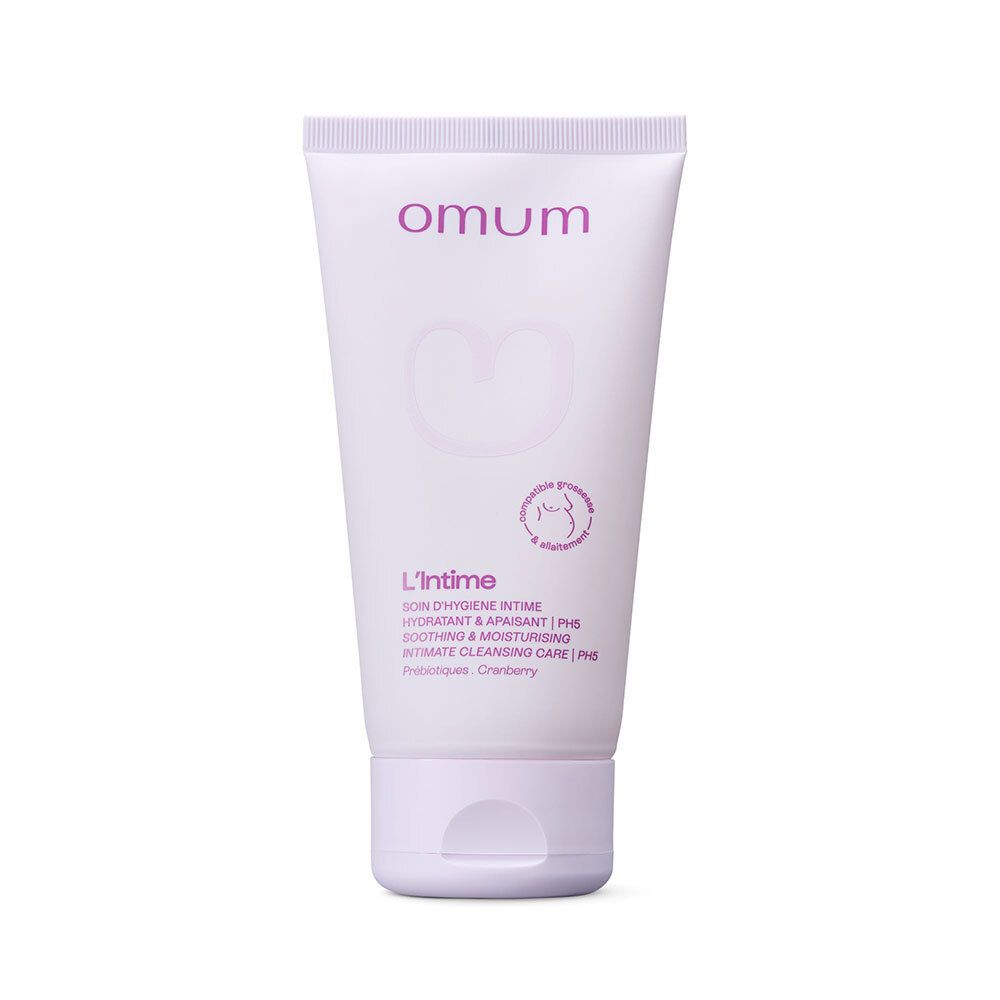 OMUM Intime Gel Lavant Bio : Tube blanc avec inscription rose et symboles. Vue de face.