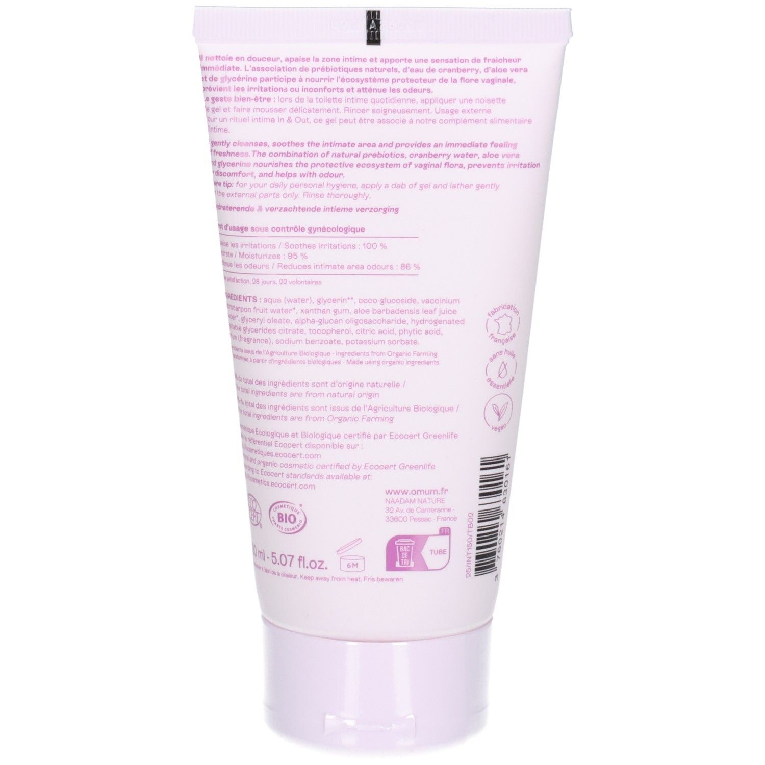 OMUM Intime Gel Lavant Bio : Tube blanc avec inscription rose et symboles. Vue de face.
