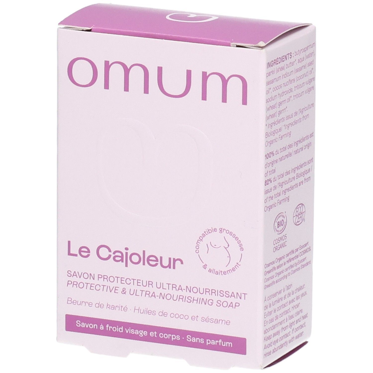 Face avant de l'emballage du savon OMUM Le Cajoleur avec nom et logos.