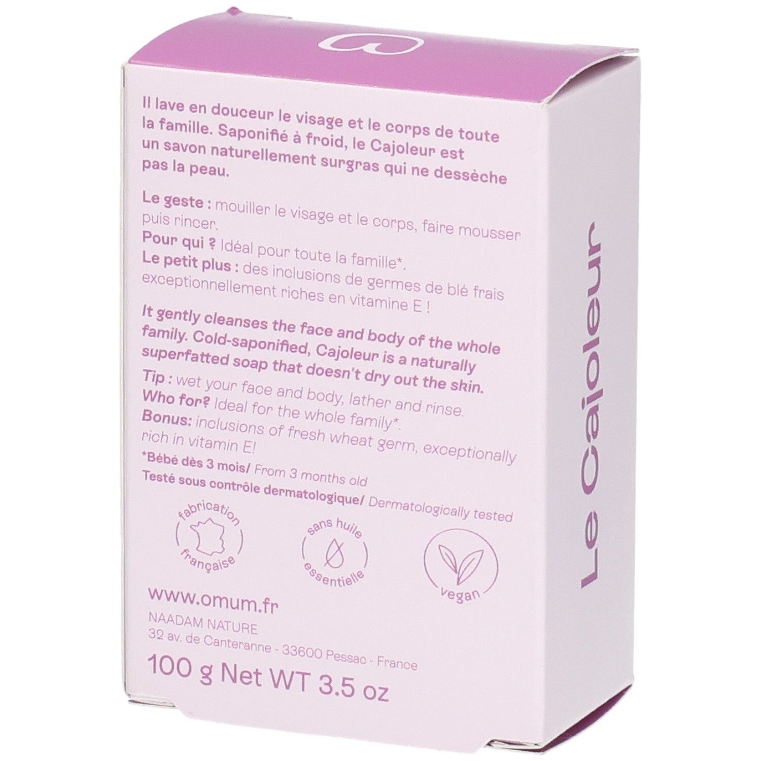 Dos de l'emballage du savon OMUM Le Cajoleur avec instructions et logos.