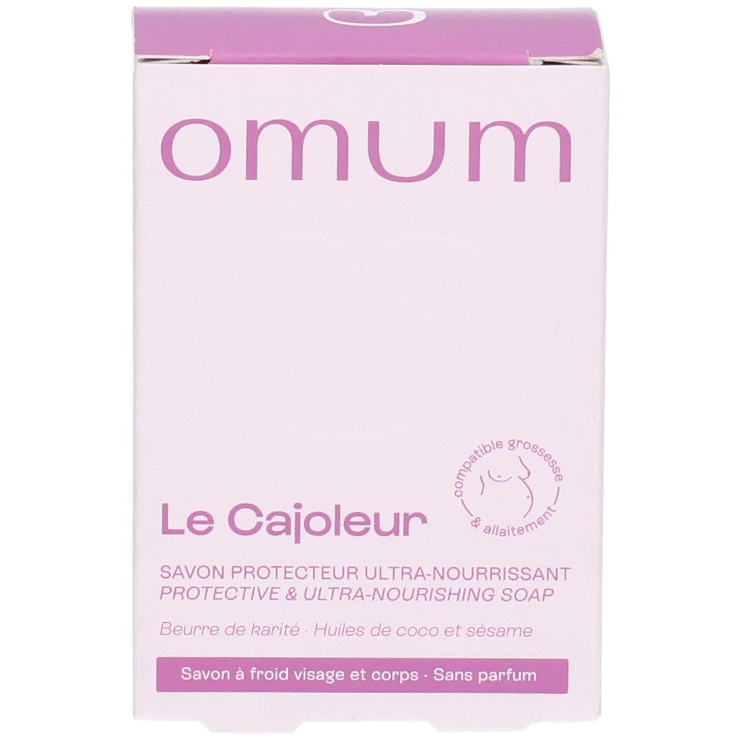 Face avant de l'emballage du savon OMUM Le Cajoleur, focus sur le nom et les logos.