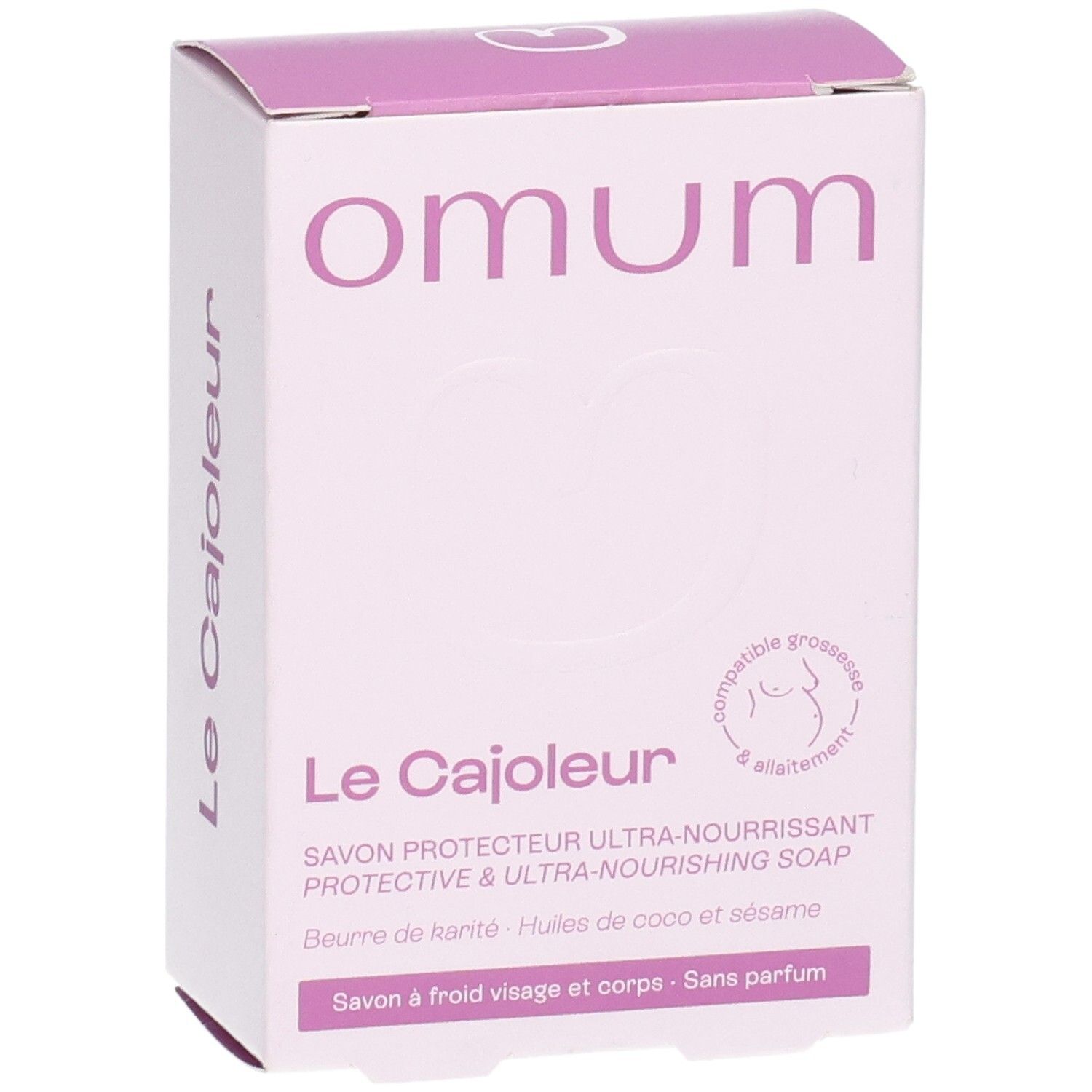 Emballage du savon OMUM Le Cajoleur avec nom du produit et logos.