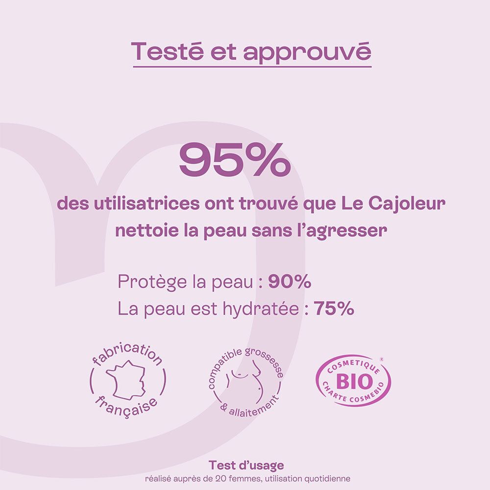 Emballage OMUM Le Cajoleur avec résultats de test et certifications.