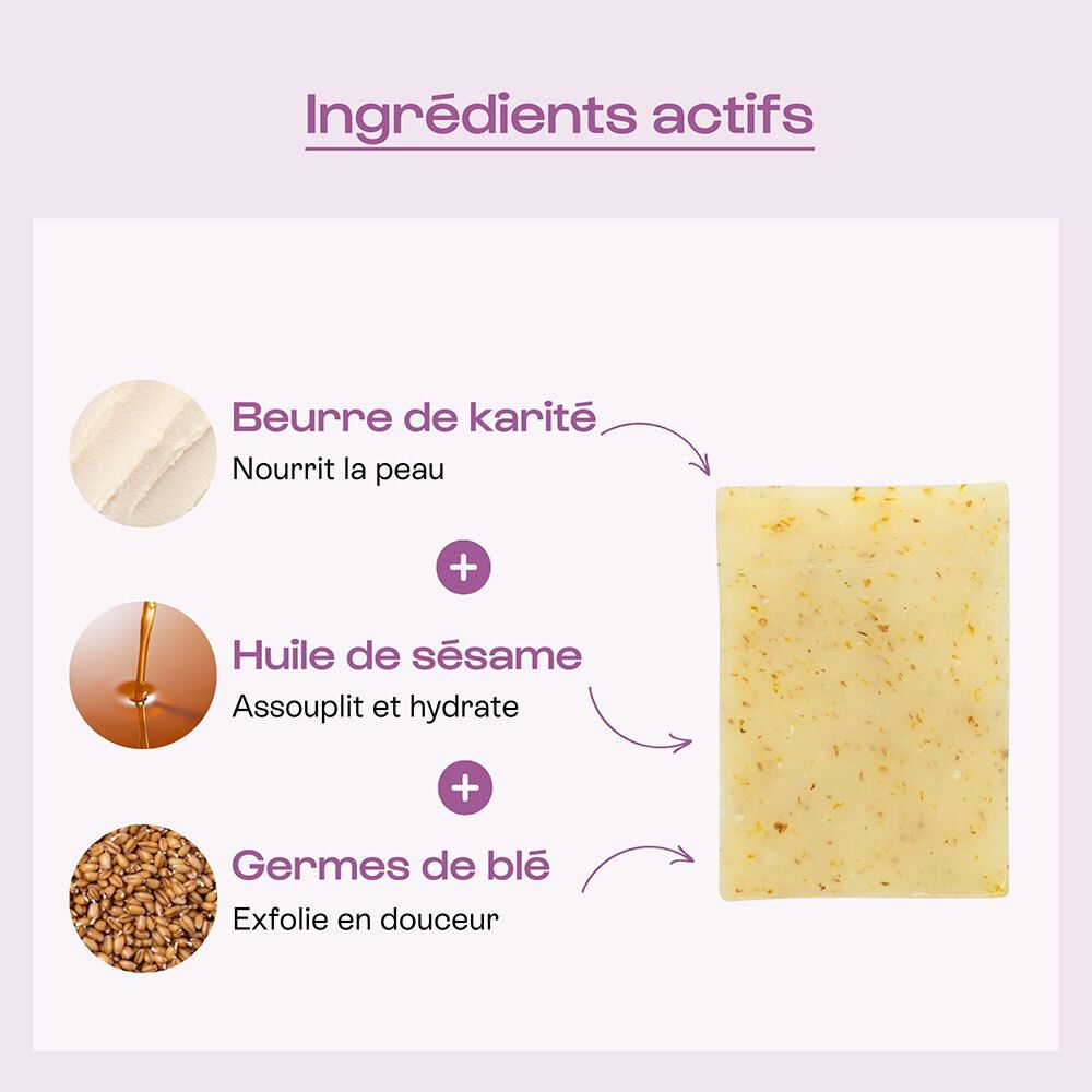Savon OMUM Le Cajoleur avec ingrédients actifs : beurre de karité, huile de sésame, germes de blé.