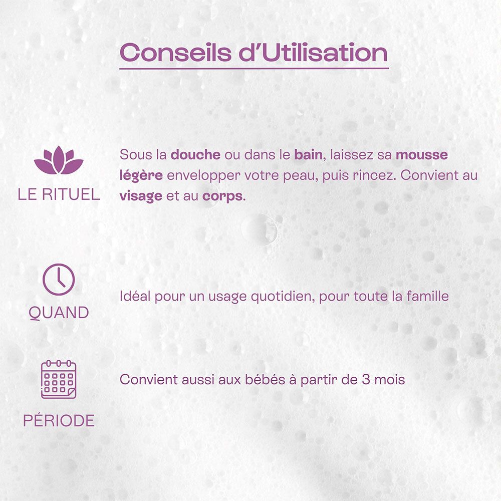 Conseils d'utilisation pour le savon OMUM Le Cajoleur : douche, bain, visage, corps.
