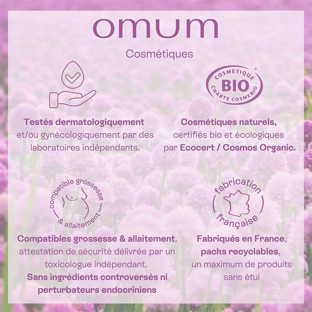 Emballage OMUM Cosmétiques avec logos Bio, fabrication française, compatibilité grossesse.