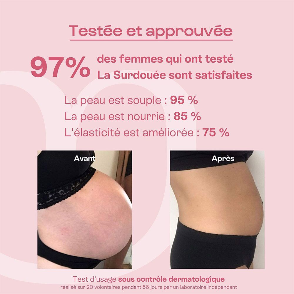 Images avant/après d'un ventre. Texte sur les résultats des tests et la satisfaction.