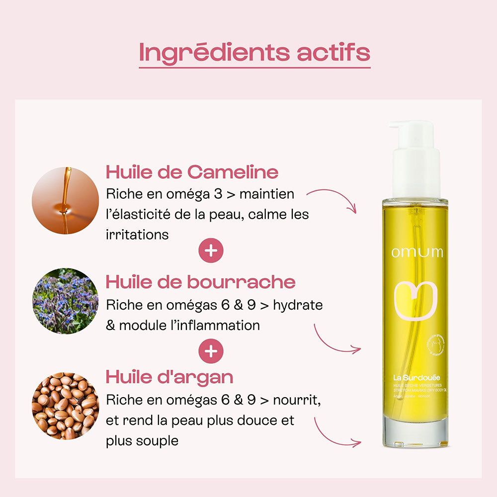 Flacon d'huile sèche vergetures La Surdouée OMUM. Ingrédients actifs : huiles de cameline, bourrache et argan.