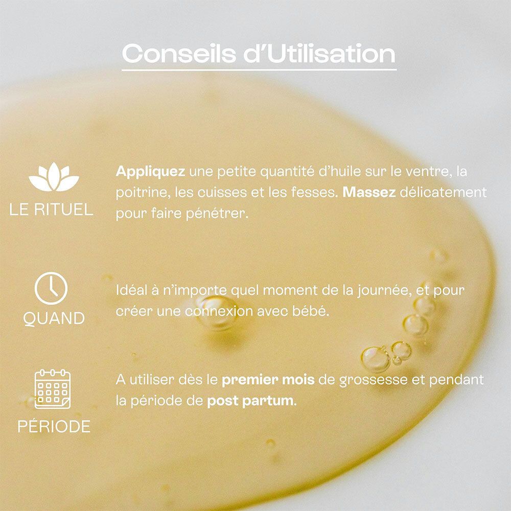 Gros plan sur de l'huile avec des bulles. Texte sur l'application, le moment et la période d'utilisation.