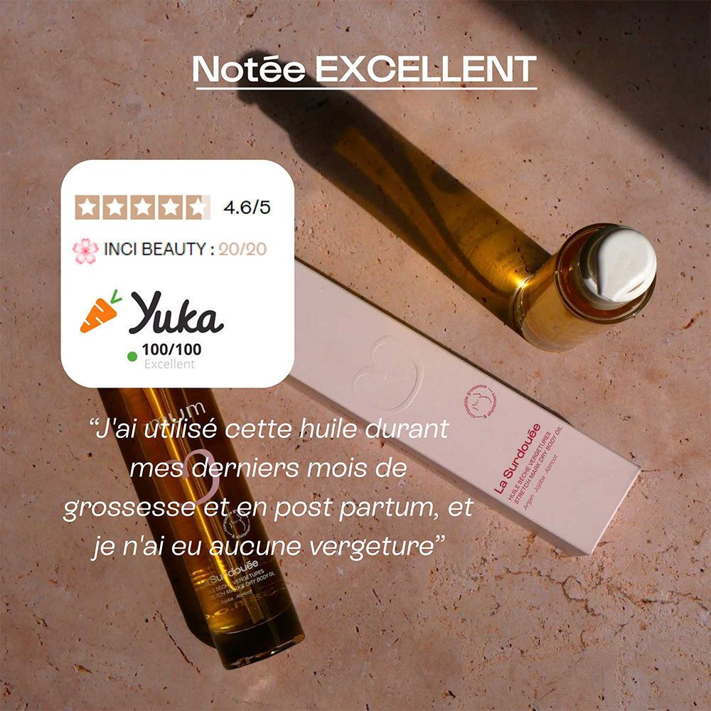 Flacon et emballage OMUM La Surdouée Stretch Mark Dry Body Oil. Évaluation et citation d'une cliente.