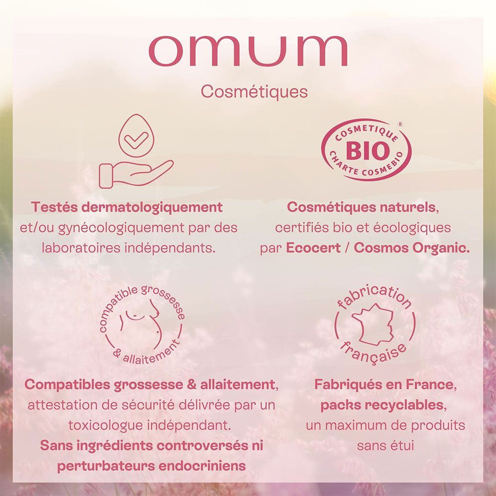 Certifications pour OMUM La Surdouée Stretch Mark Dry Body Oil : testé dermatologiquement, bio, fabrication française.