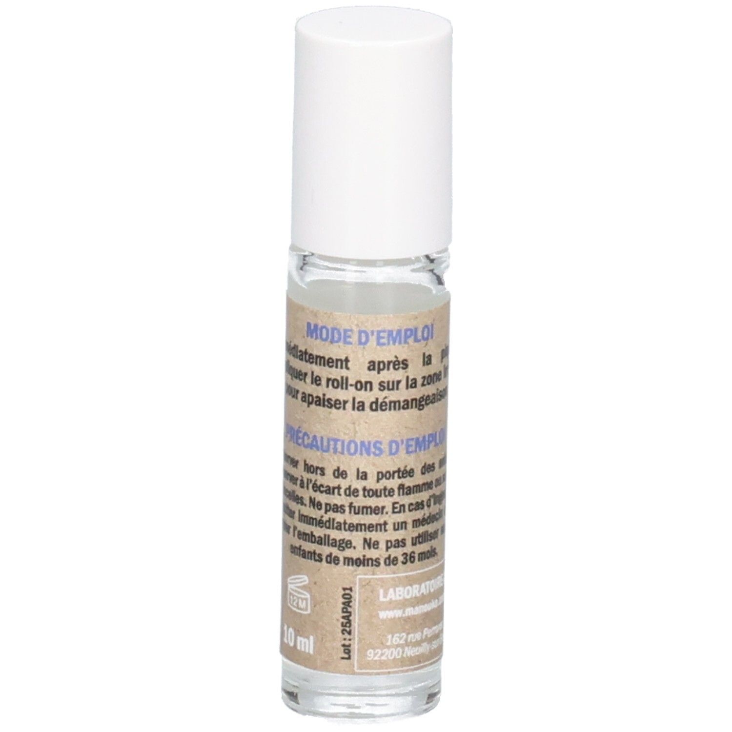 Manouka Roll-on après-piqûres, 10ml. Arrière avec instructions d'utilisation et numéro de lot.