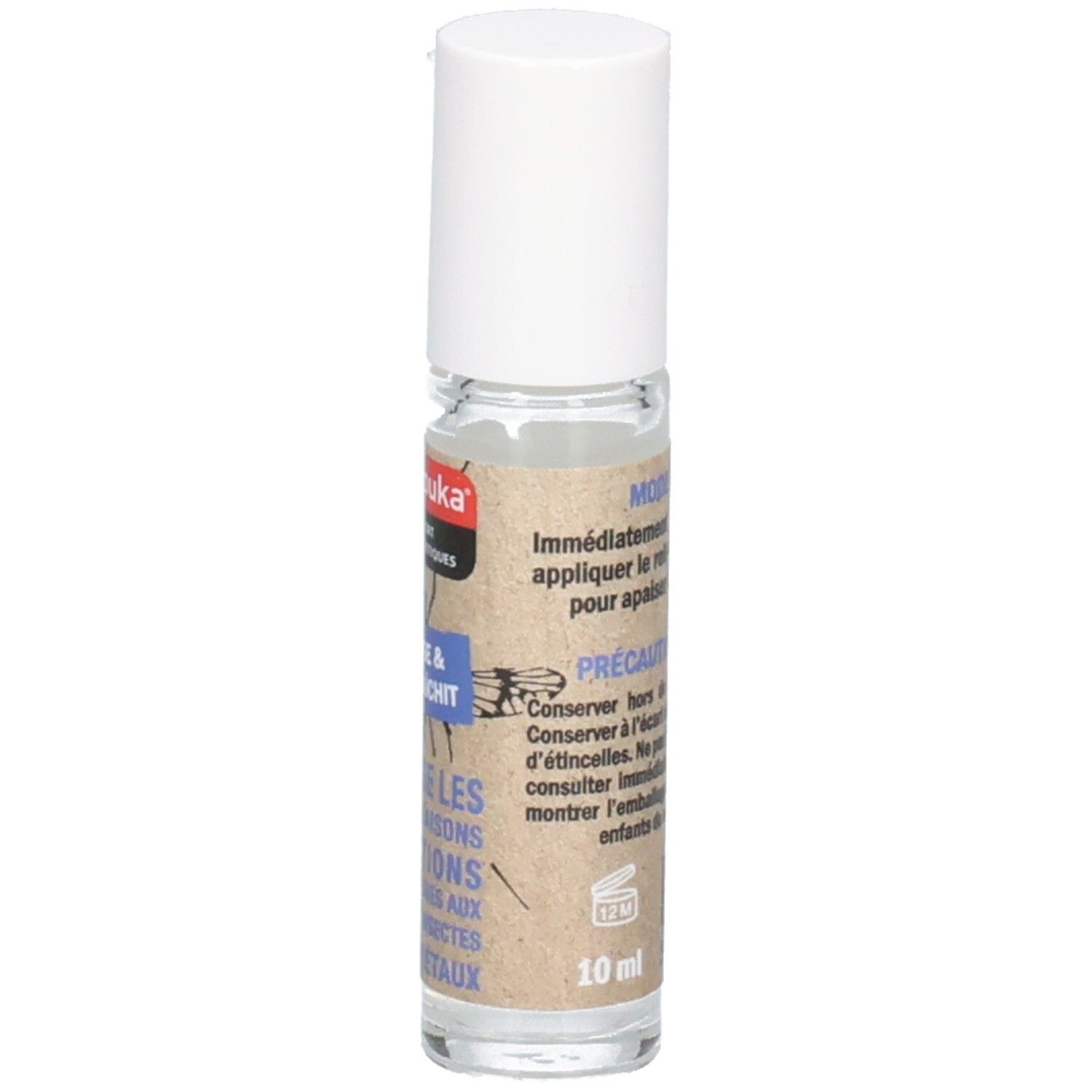 Manouka Roll-on après-piqûres, 10ml. Gros plan de la bouteille avec étiquette.