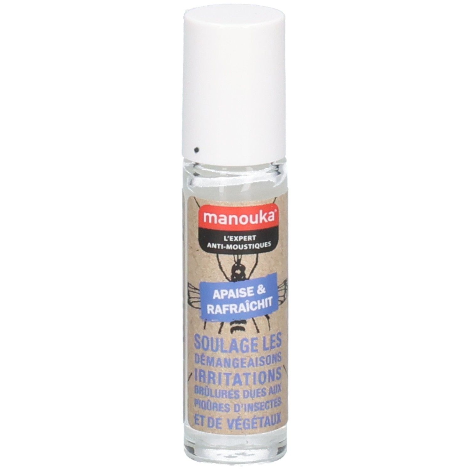 Manouka Roll-on après-piqûres, 10ml. Étiquette indiquant 'Apaise & Rafraichit'.
