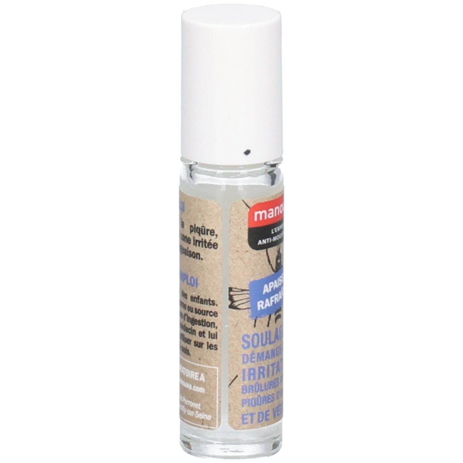 Manouka Roll-on après-piqûres, 10ml. Vue latérale de la bouteille avec étiquette.
