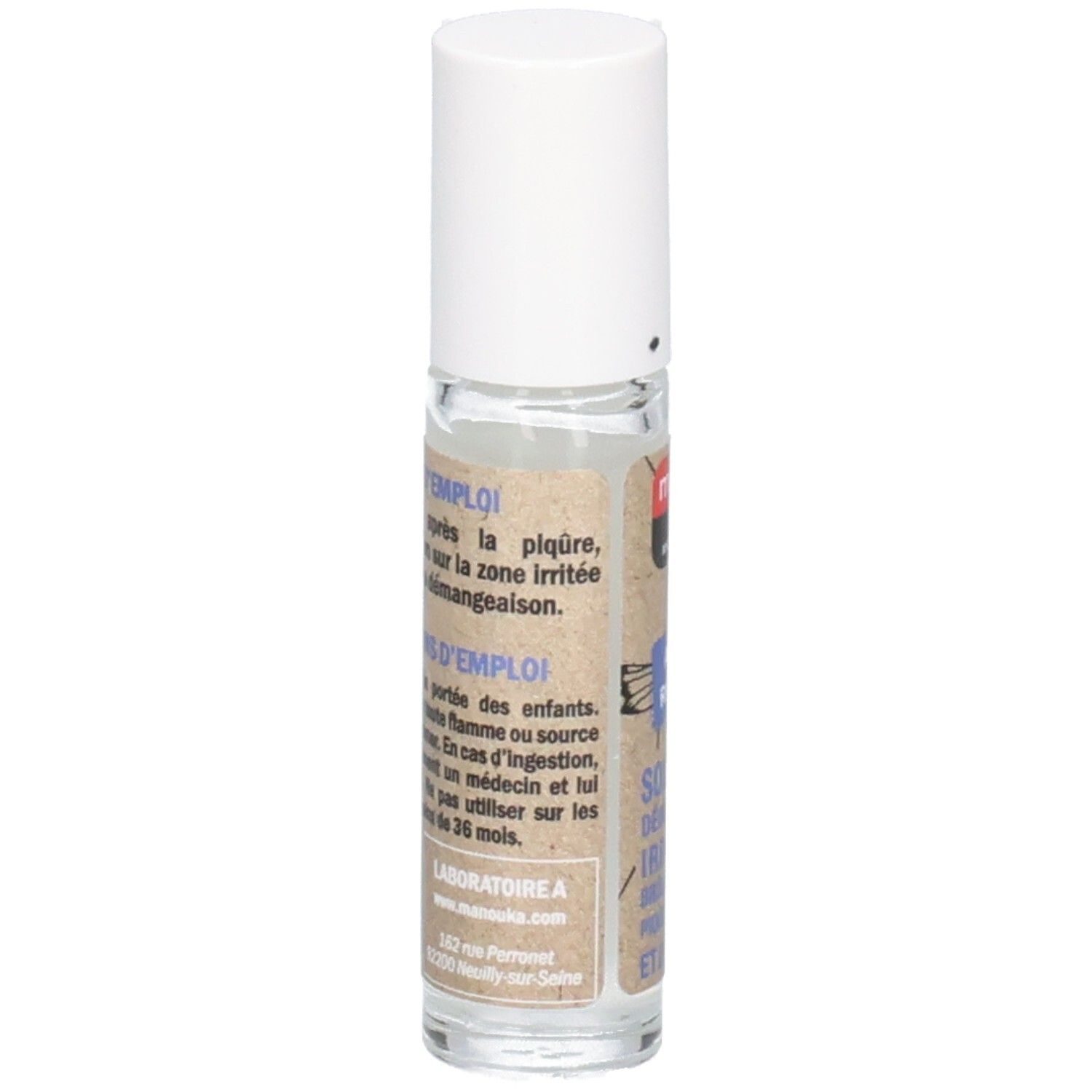 Manouka Roll-on après-piqûres, 10ml. Gros plan de la bouteille avec étiquette et instructions.