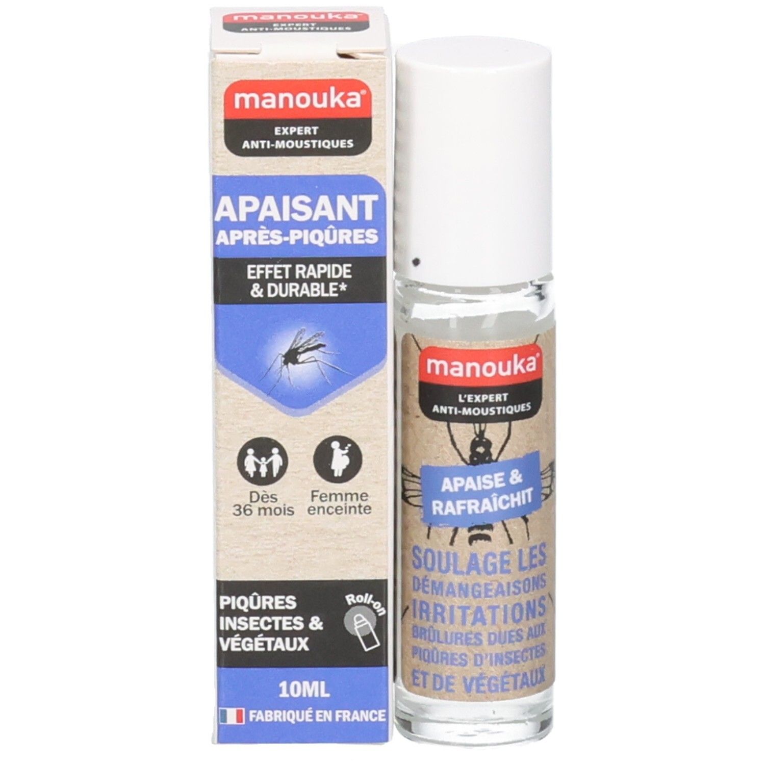 Manouka Roll-on après-piqûres, 10ml. Bouteille à côté de l'emballage.