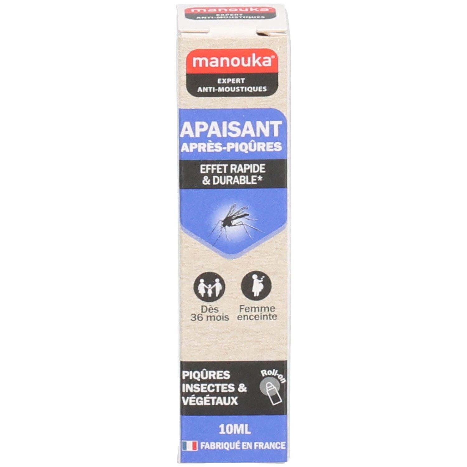 Manouka Roll-on après-piqûres, 10ml. Emballage avec illustration du produit et informations.