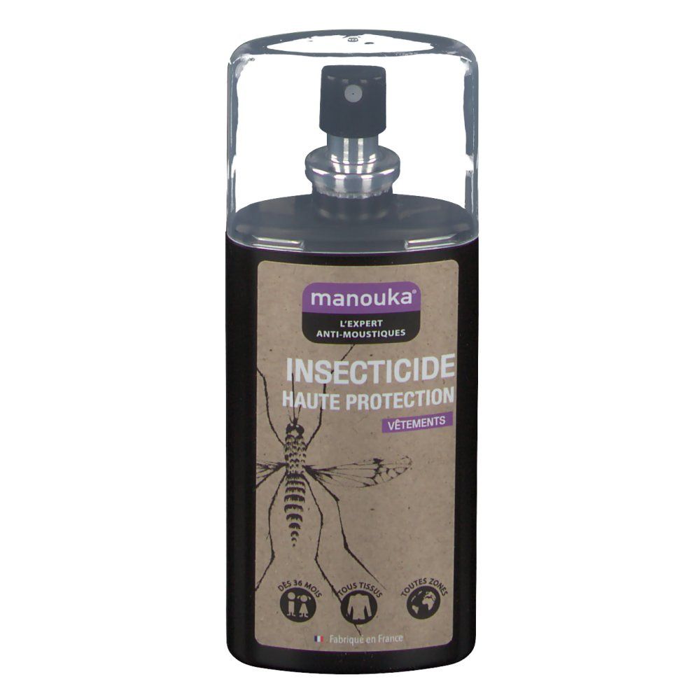 Manouka Insecticide haute protection vêtements, flacon spray 75ml avec bouchon transparent.