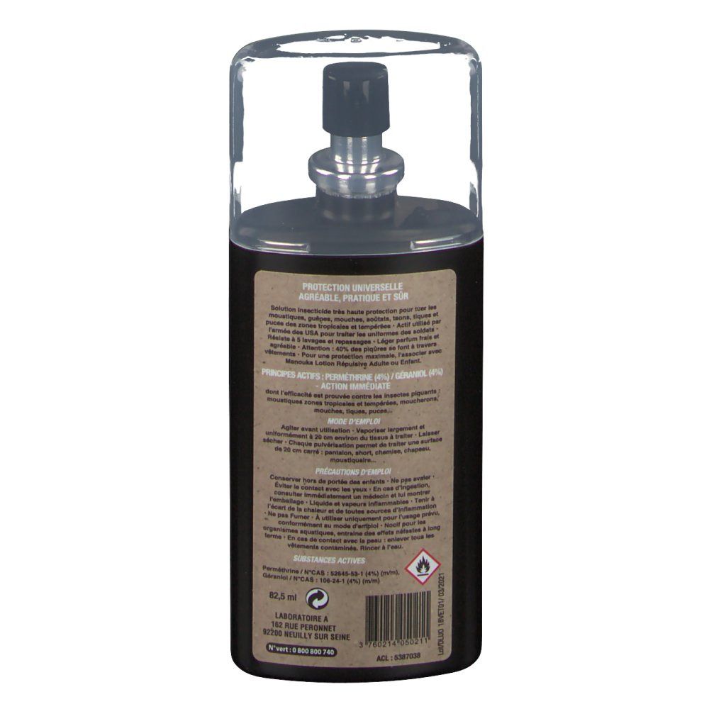 Arrière du flacon spray Manouka Insecticide vêtements, 75ml.