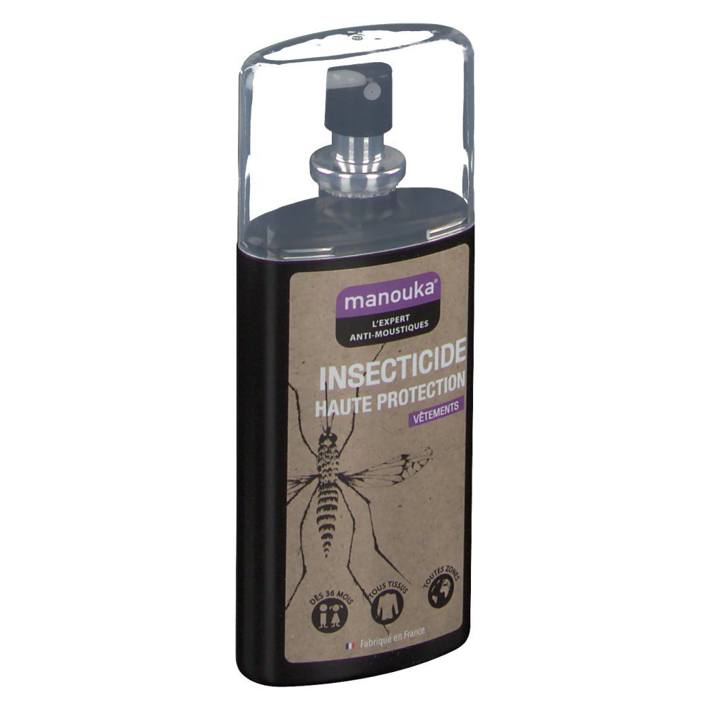 Manouka Insecticide haute protection vêtements, flacon spray 75ml avec bouchon transparent.