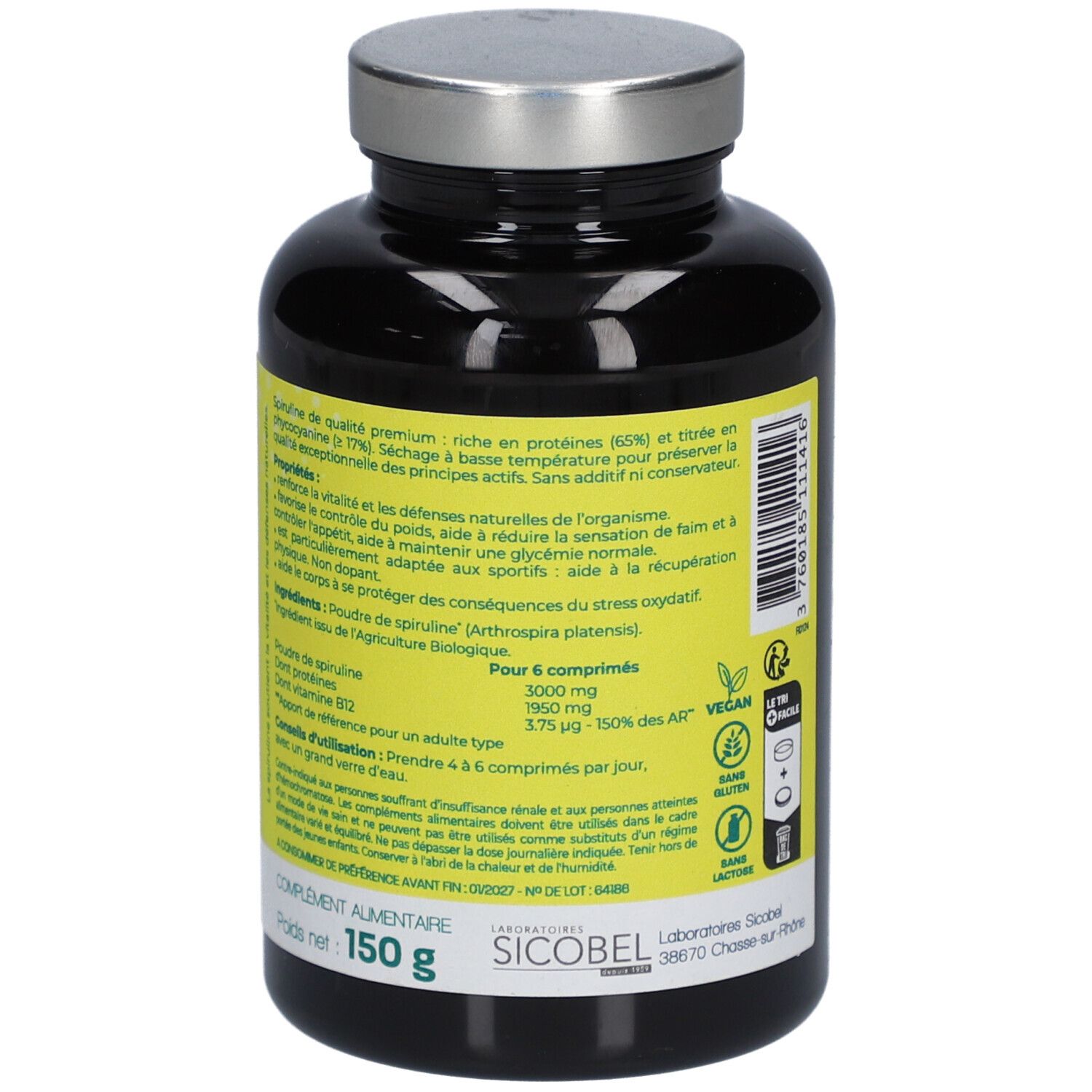 Flacon noir avec bouchon argenté. Verso avec informations. Inscription: Spiruline Bio. Label Vegan et label AB bio.