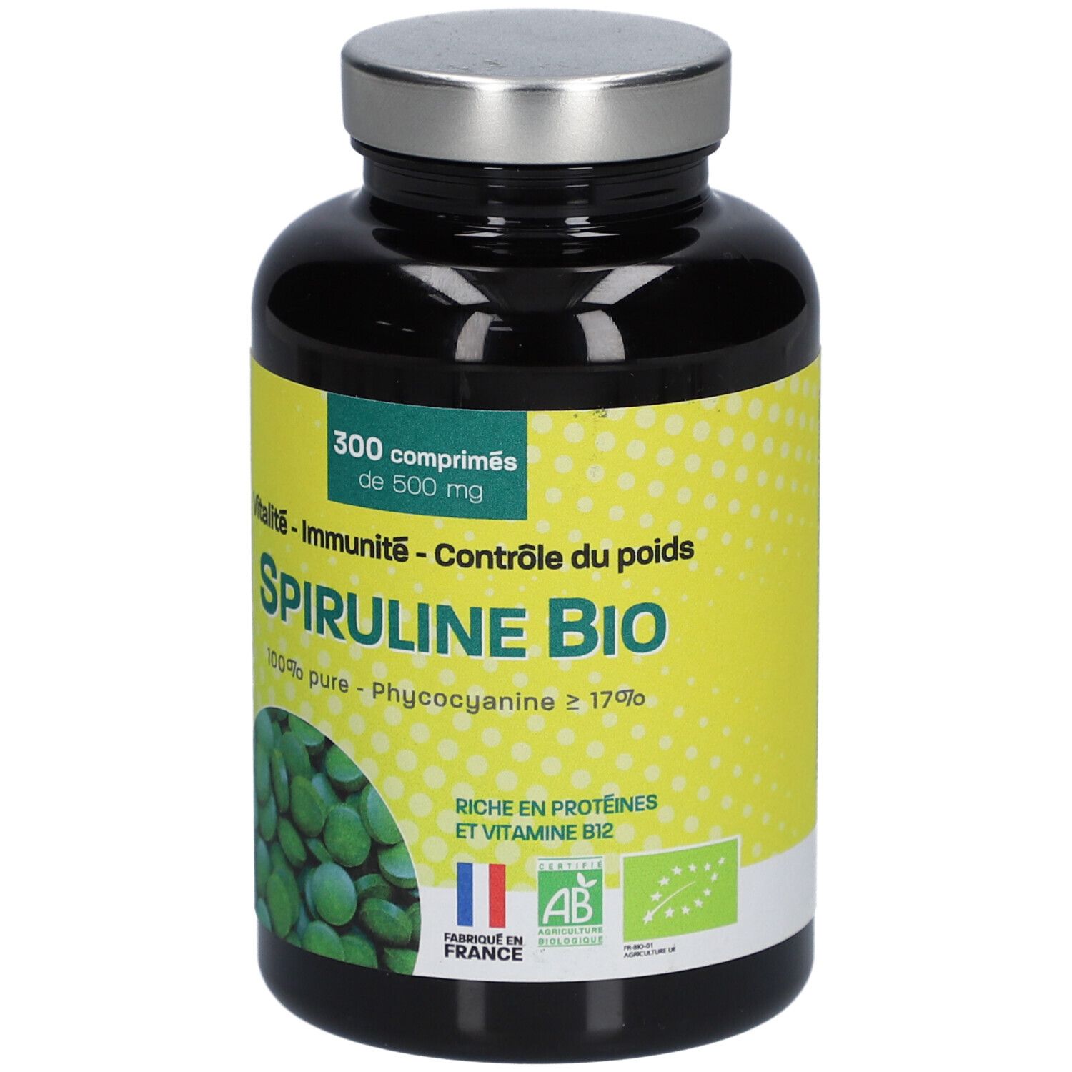 Flacon noir avec bouchon argenté. Inscription: Spiruline Bio, 300 comprimés, 500 mg. Label AB bio et Fabriqué en France.