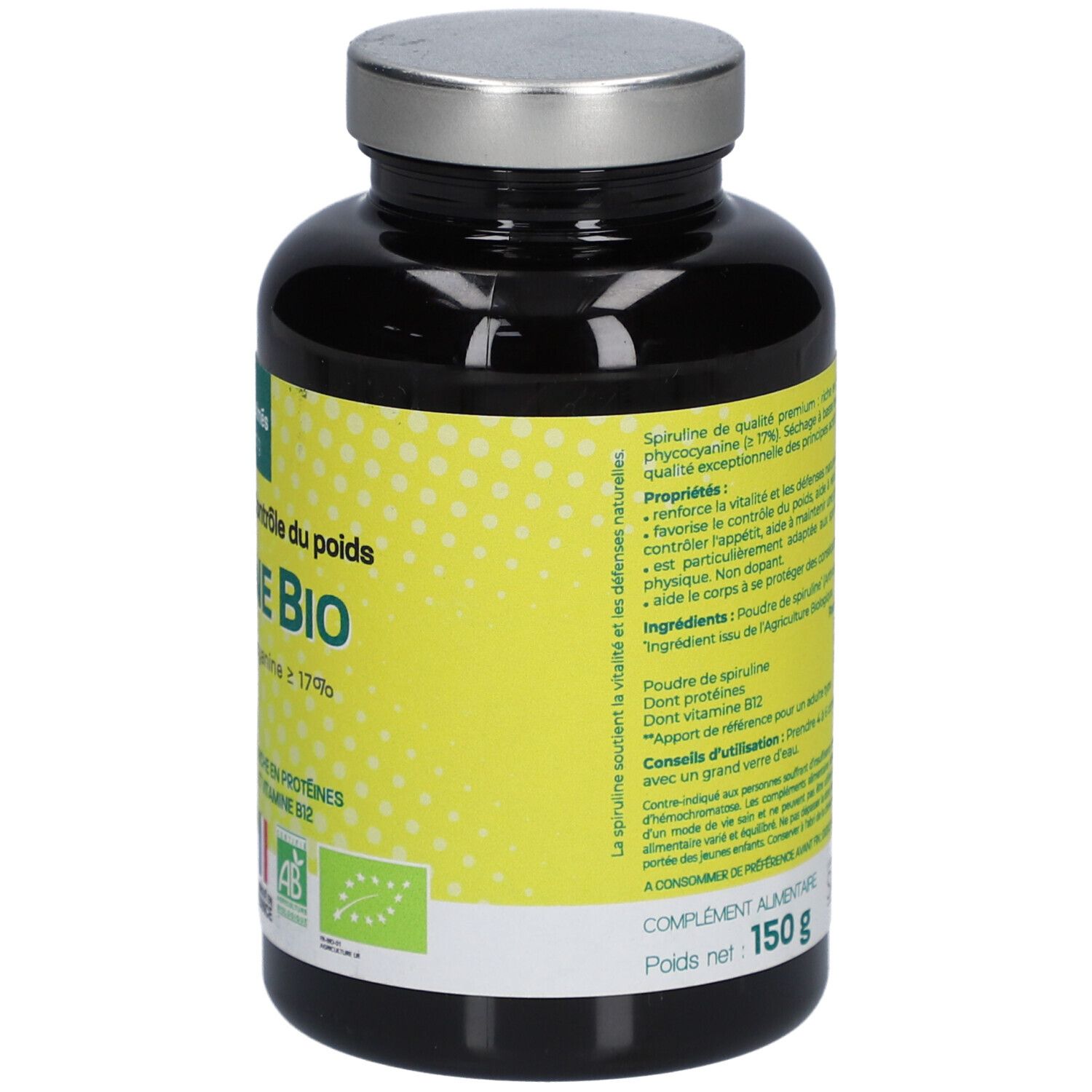 Flacon noir avec bouchon argenté. Verso avec informations. Inscription: Spiruline Bio. Label Vegan et label AB bio.