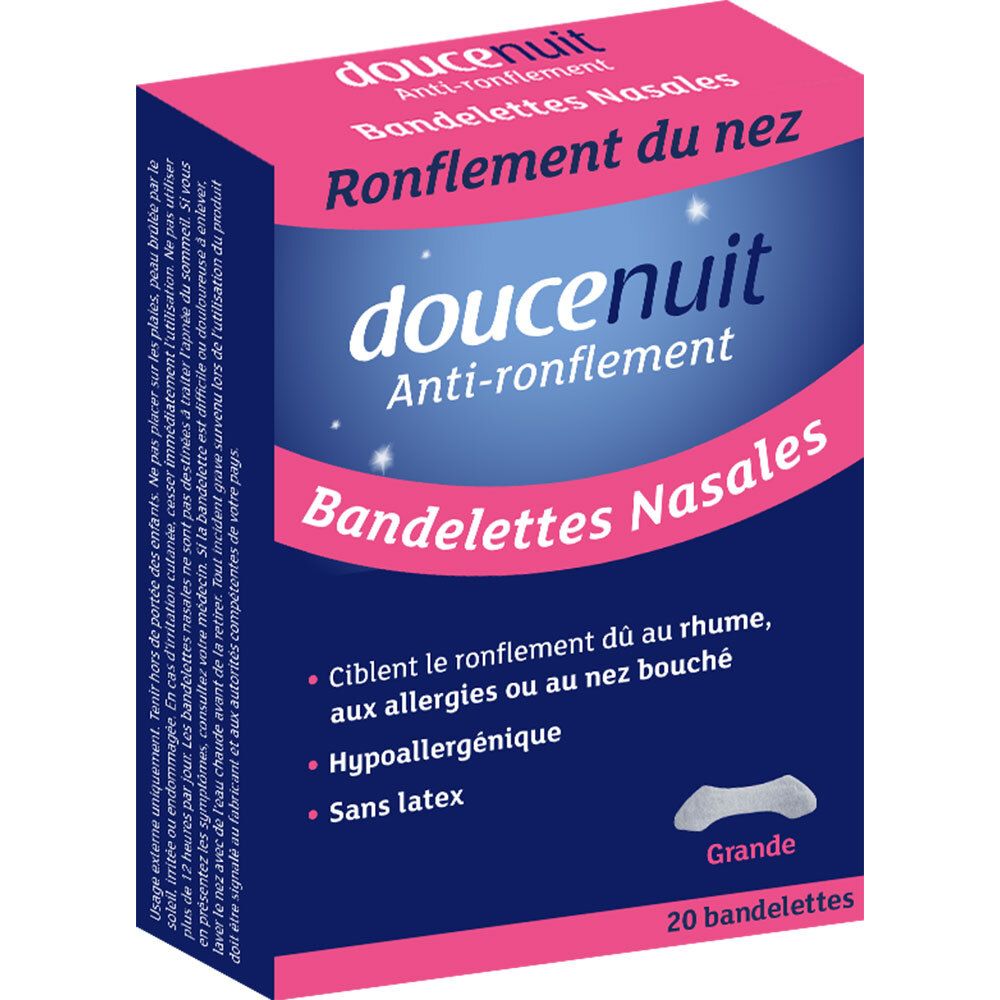 Boîte rose et blanche avec nom et description du produit. Contient 20 bandelettes nasales. Hypoallergénique, sans latex.