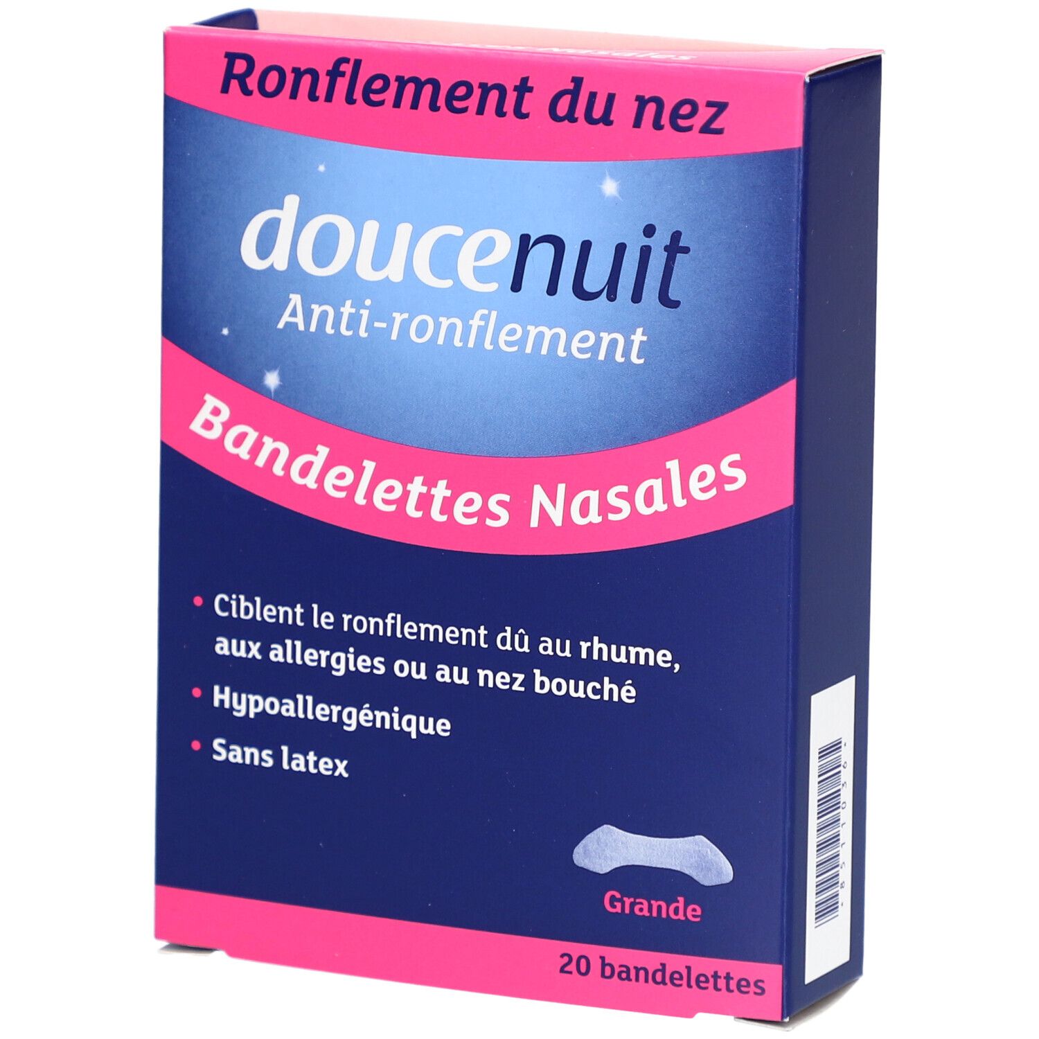 Boîte de bandelettes nasales anti-ronflement "doucenuit". Emballage bleu et rose. Contient 20 bandelettes.
